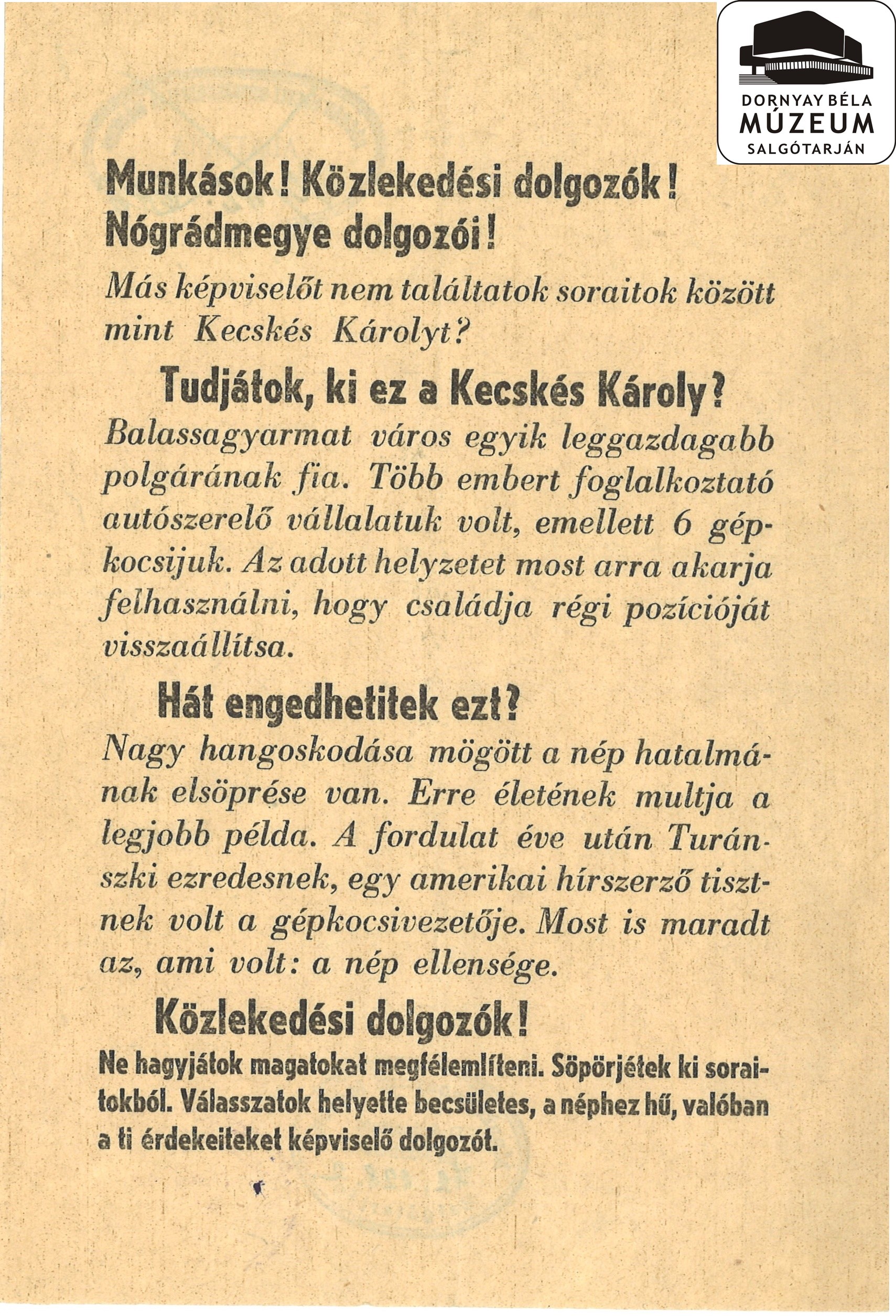 Felhívás a munkásokhoz, közlekedési dolgozókhoz, Nógrád megye dolgozóihoz. (Dornyay Béla Múzeum, Salgótarján CC BY-NC-SA)