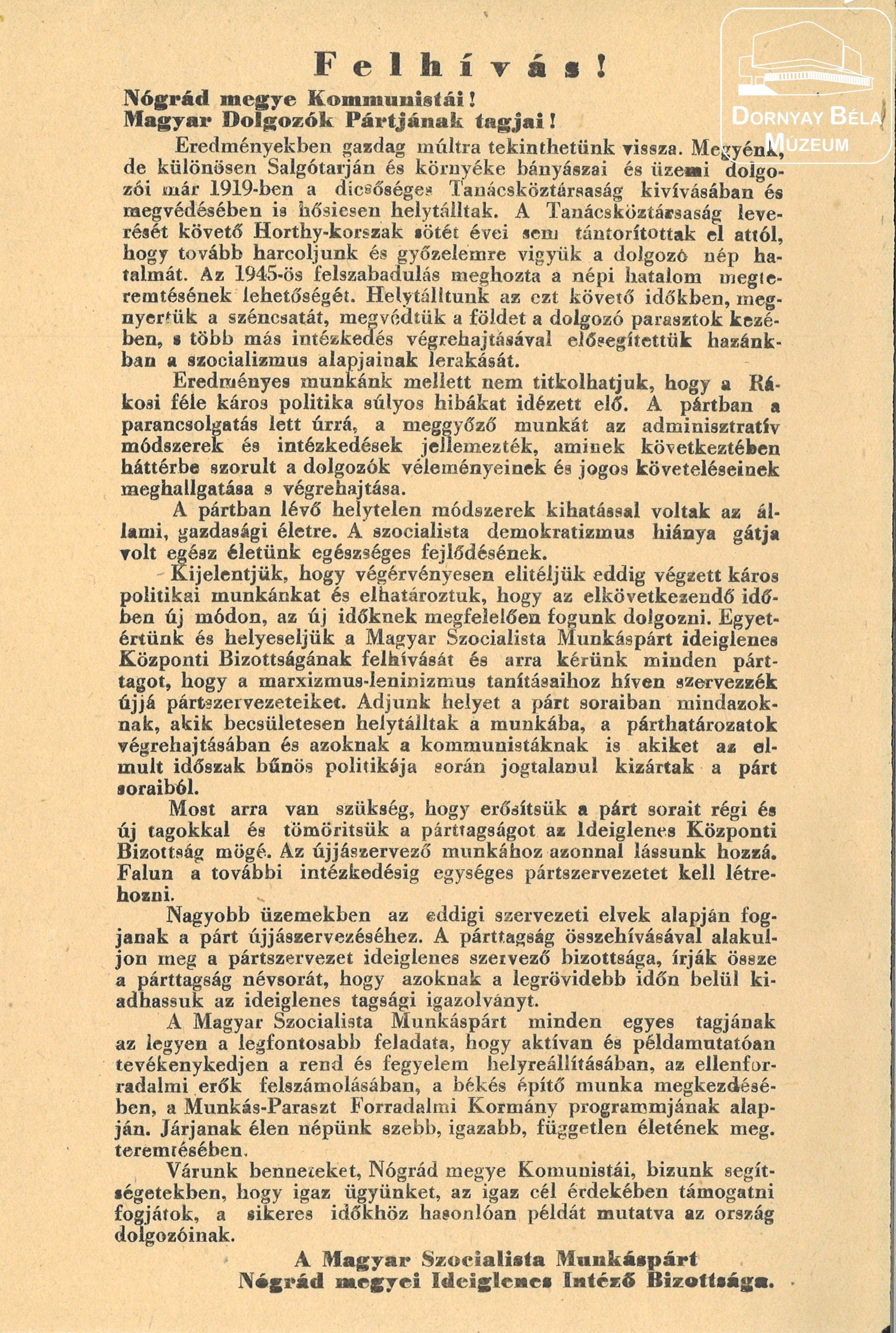 Felhívás Nógrád  megye kommunistáihoz és a Magyar Dolgozók Pártjának tagjaihoz (Dornyay Béla Múzeum, Salgótarján CC BY-NC-SA)