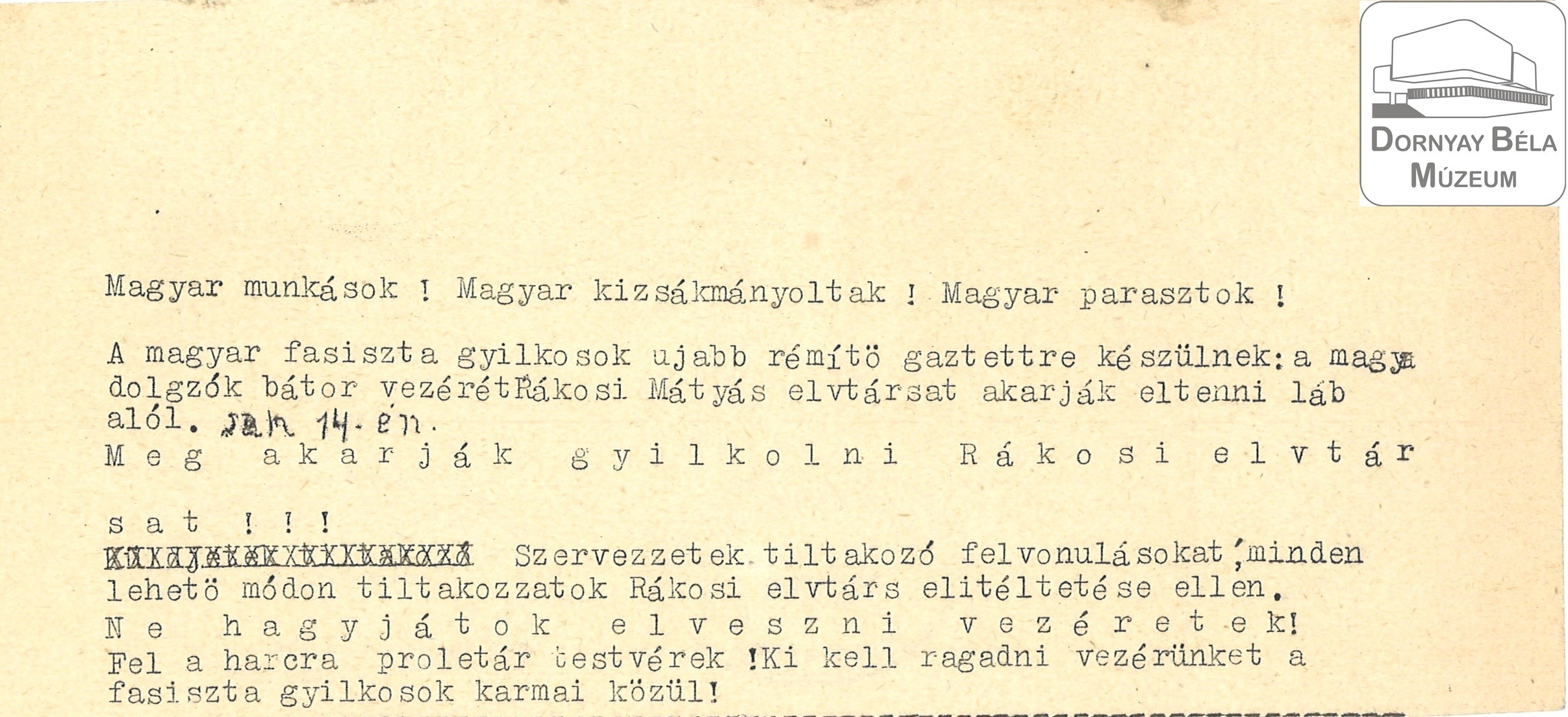 Felhívás Rákosi kiszabadításáért Magyarországi Vörös Segély (Dornyay Béla Múzeum, Salgótarján CC BY-NC-SA)
