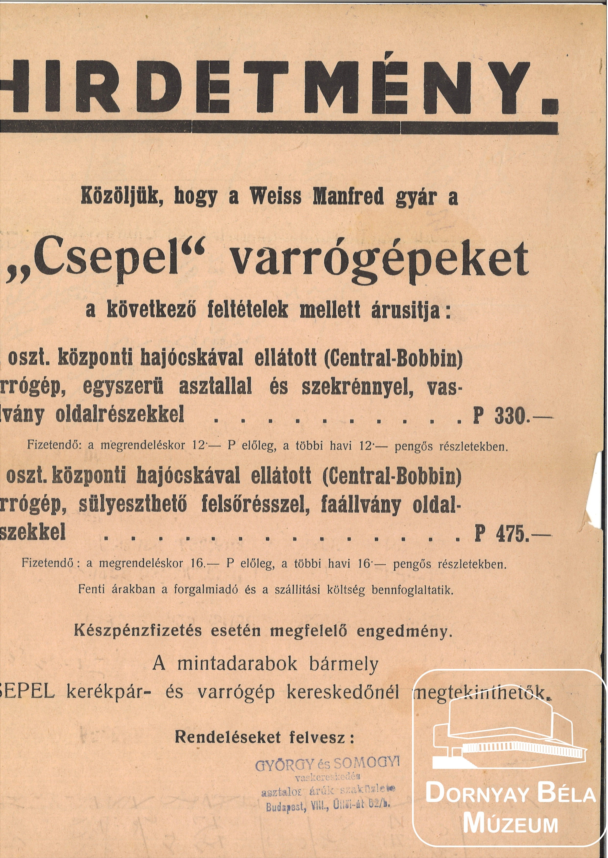 Hirdetmény. György és Somogyi vaskereskedésének hirdetménye. (Dornyay Béla Múzeum, Salgótarján CC BY-NC-SA)