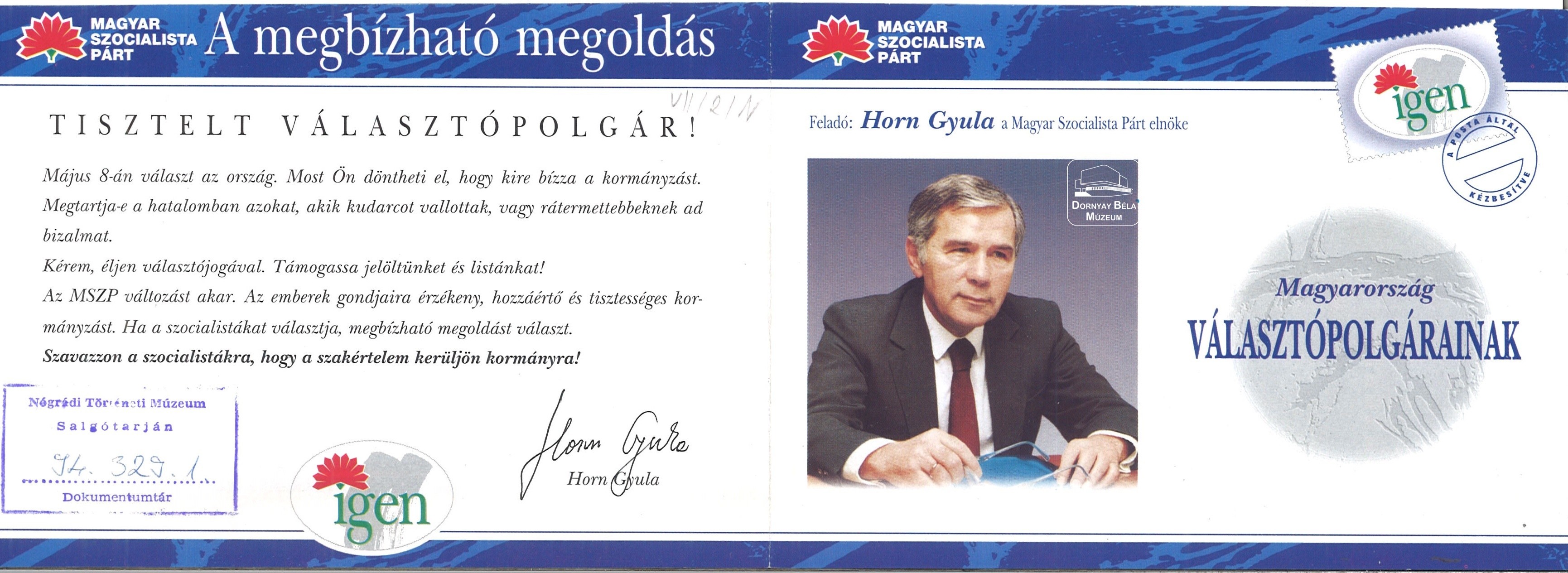 Horn Gyula az MSZP elnökének fényképe, szavazólap minta (Dornyay Béla Múzeum, Salgótarján CC BY-NC-SA)
