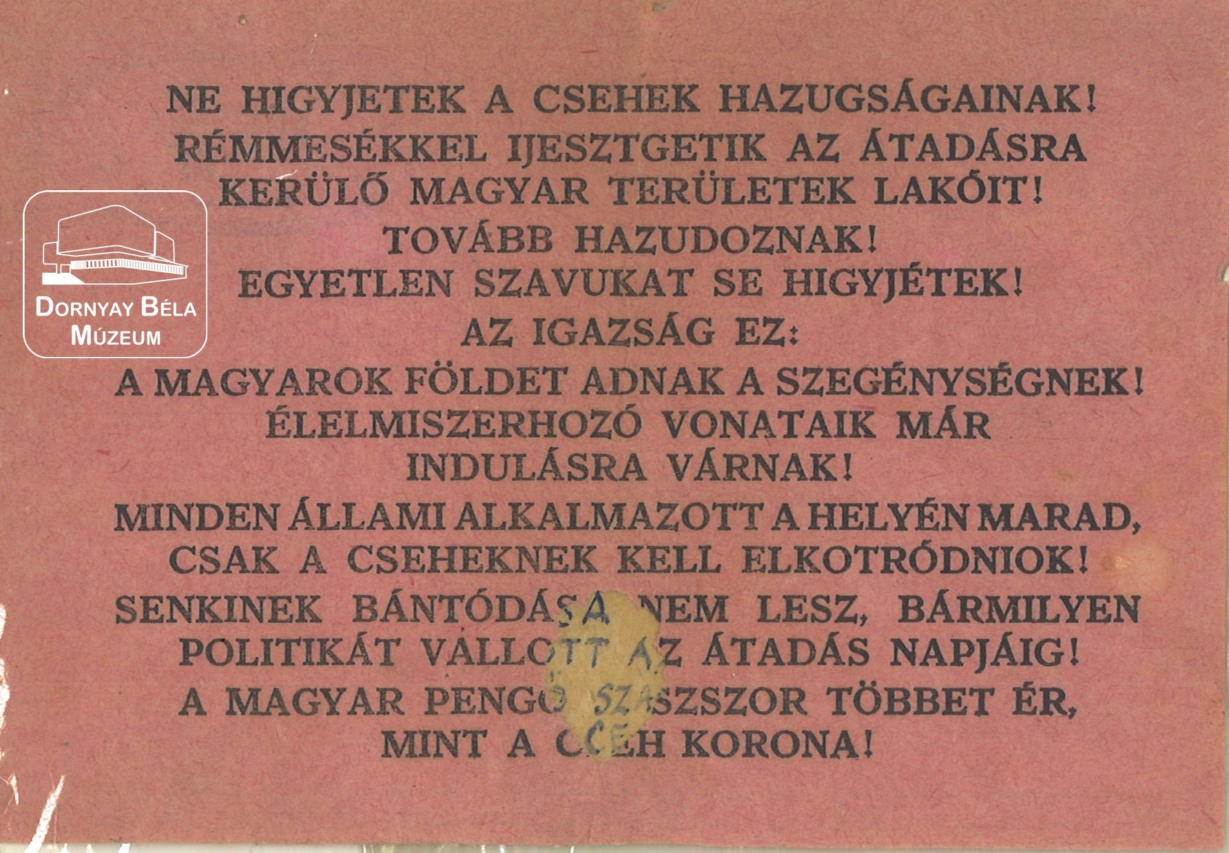 Irredenta röplap (Dornyay Béla Múzeum, Salgótarján CC BY-NC-SA)