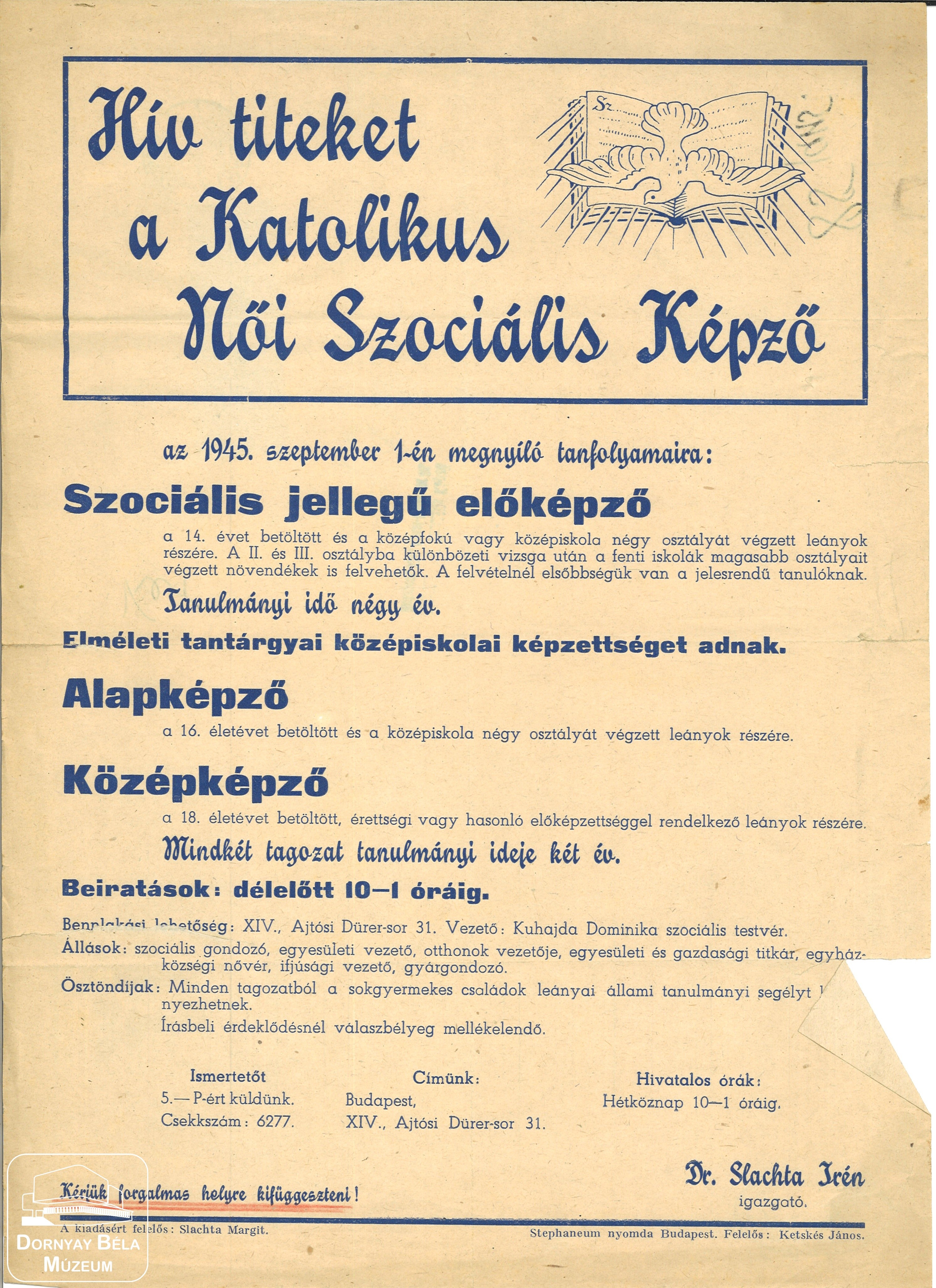 Katolikus női szociális képző feliratú plakát. (Dornyay Béla Múzeum, Salgótarján CC BY-NC-SA)