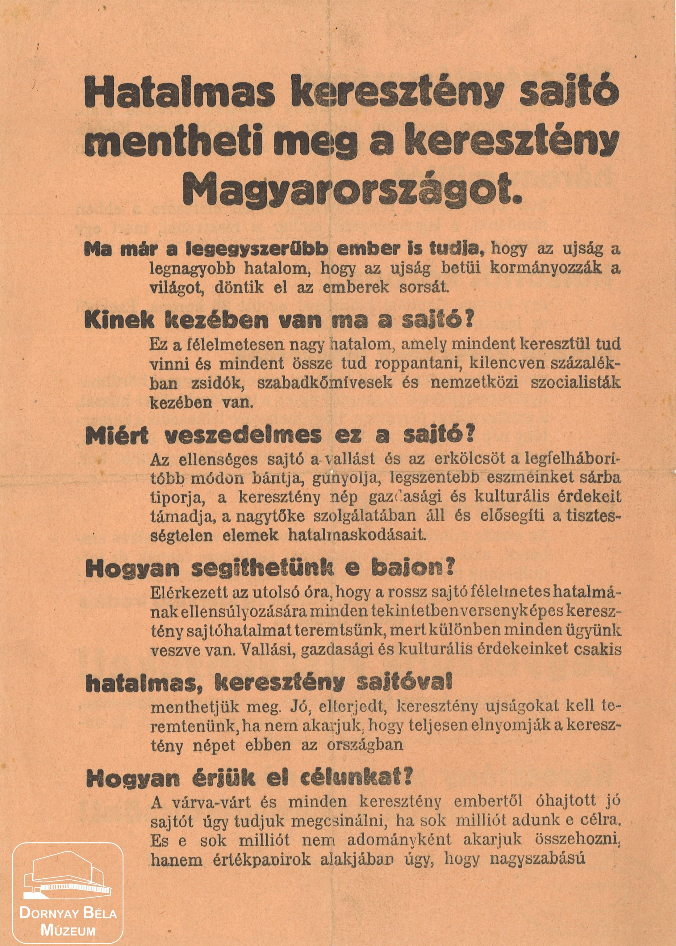 Központi Sajtóvállalat Részvénytársaság Szervező Irodája által kiadott röplap. (Dornyay Béla Múzeum, Salgótarján CC BY-NC-SA)