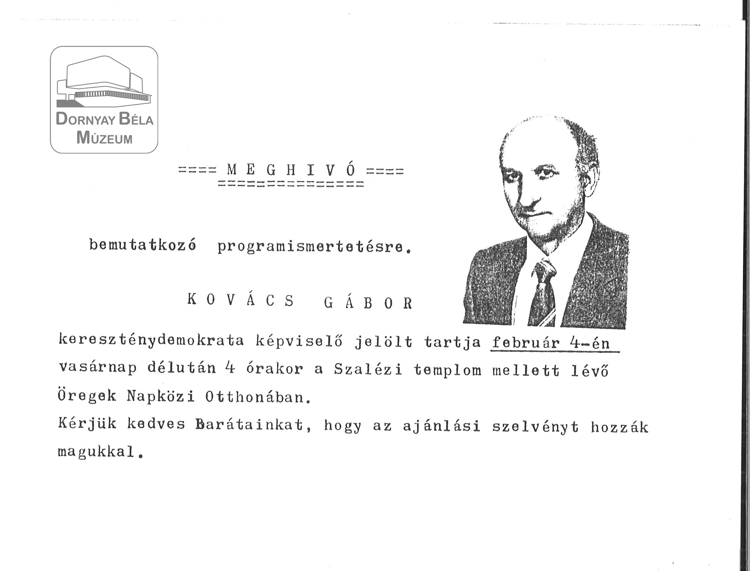 Kovács Gábor balassagyarmati kereszténydemokrata jelölt bemutatkozó program-ismertetőjére meghívás. (Dornyay Béla Múzeum, Salgótarján CC BY-NC-SA)