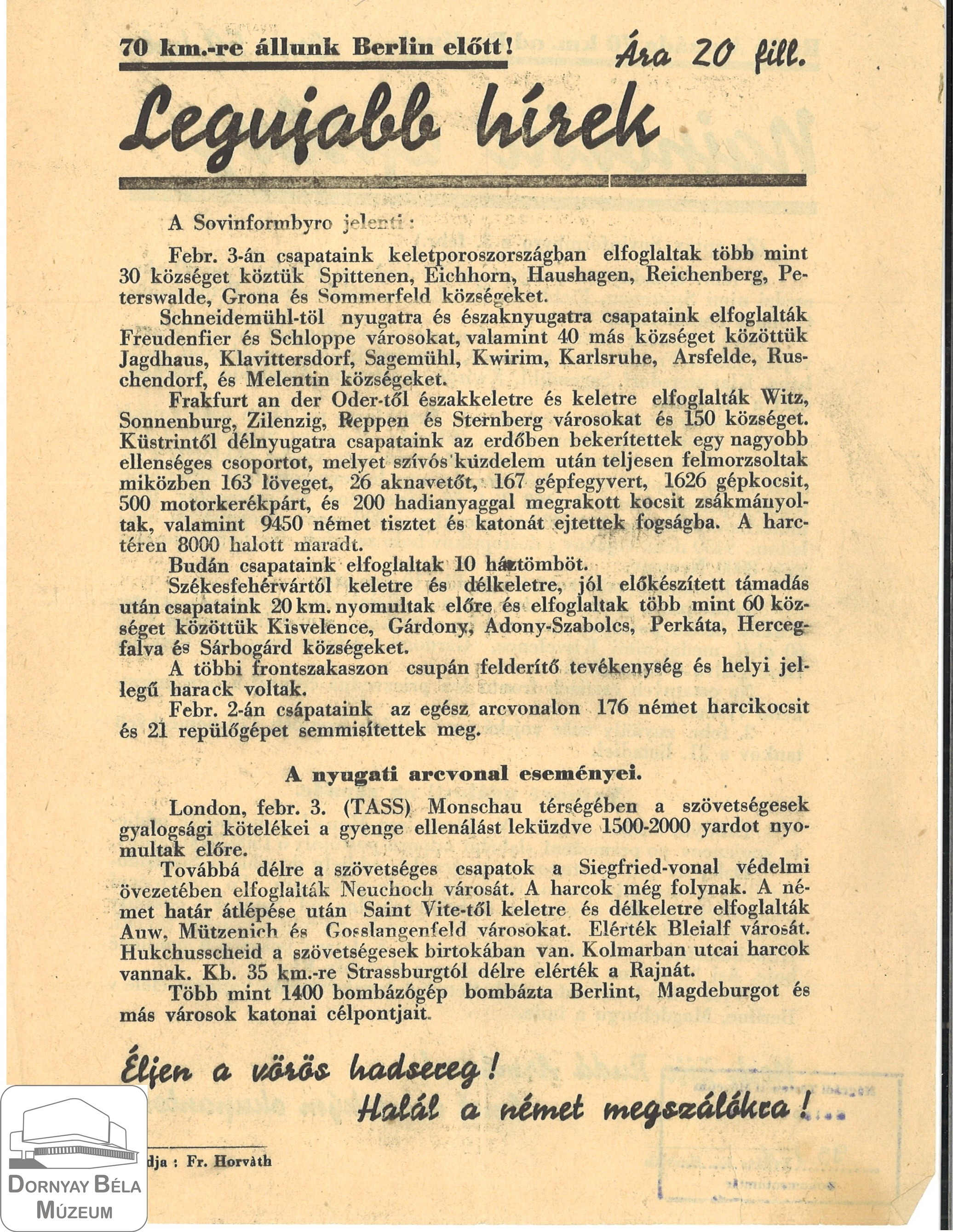 Legújabb Hírek (A szovinform hadi jelentése az 1945.febrár eleji fronthelyzetről) (Dornyay Béla Múzeum, Salgótarján CC BY-NC-SA)