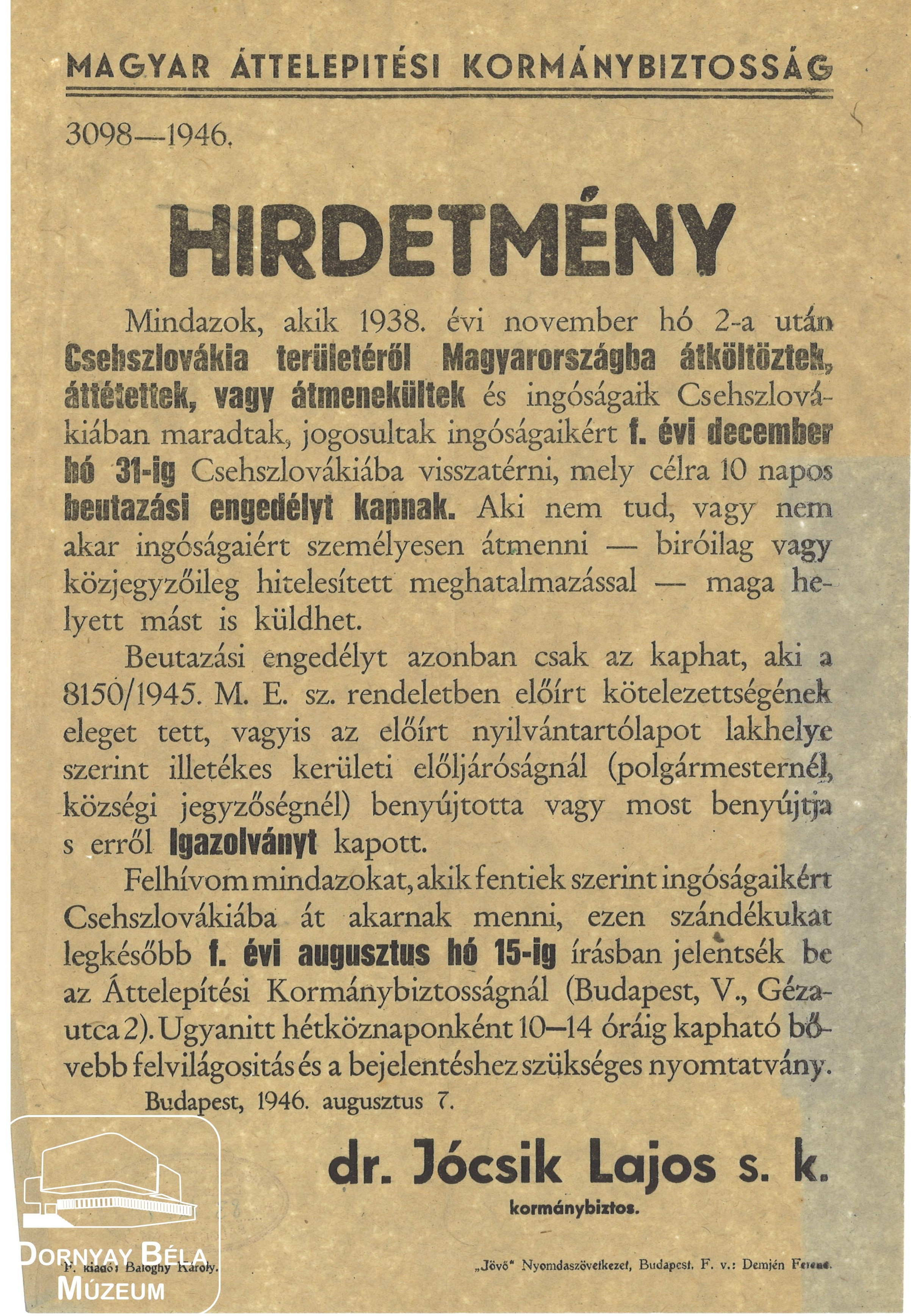 Magyar Áttelepítési kormánybiztosság hirdetménye (Dornyay Béla Múzeum, Salgótarján CC BY-NC-SA)