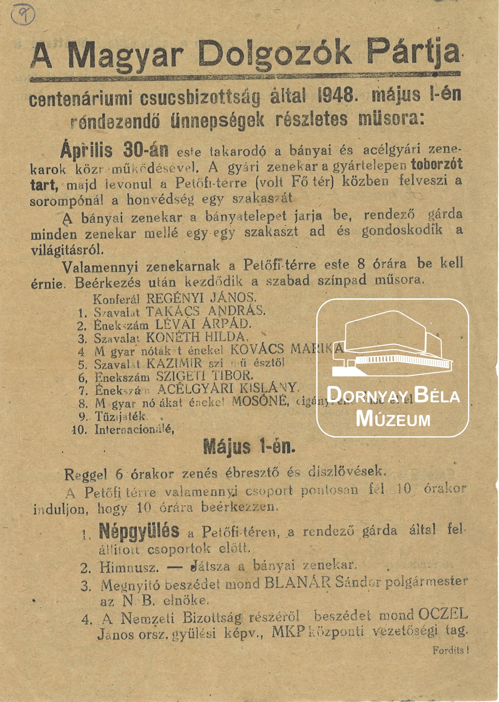 MDP 1948. május 1-i programja. (Dornyay Béla Múzeum, Salgótarján CC BY-NC-SA)