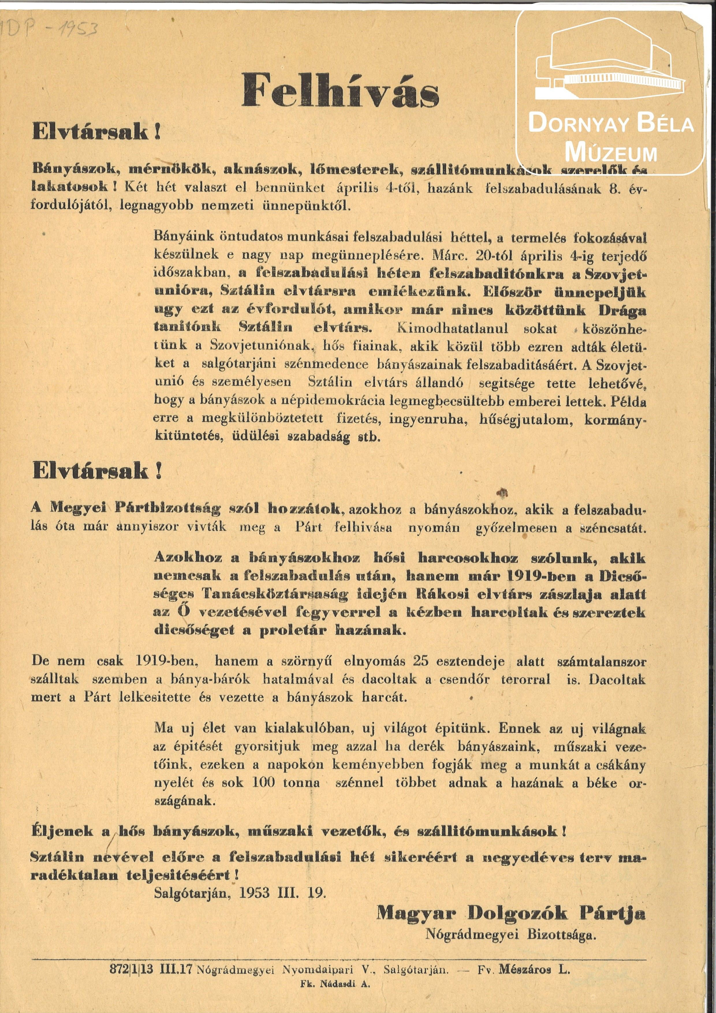 MDP felhívása a bányászokhoz (Megyei Pártbizottság) (Dornyay Béla Múzeum, Salgótarján CC BY-NC-SA)