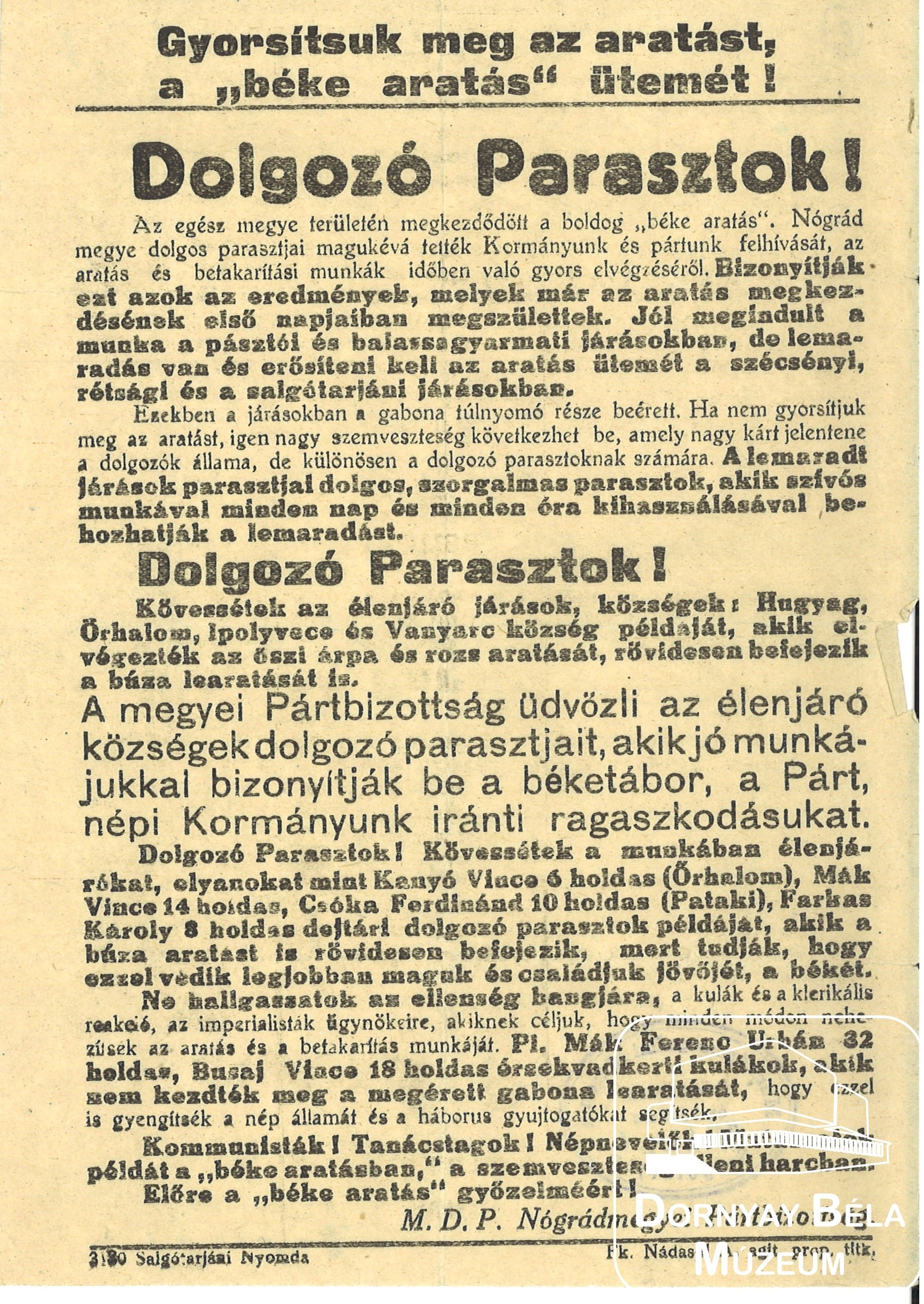 MDP Nógrád megyei bizottság felhívása az aratás meggyorsítására. (Dornyay Béla Múzeum, Salgótarján CC BY-NC-SA)