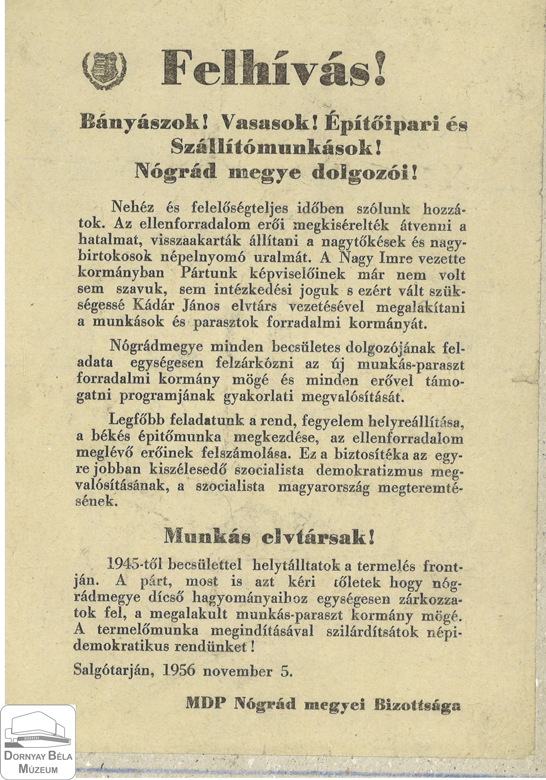 MDP Nógrád megyei Bizottságának felhívása a megye dolgozóihoz. (Dornyay Béla Múzeum, Salgótarján CC BY-NC-SA)