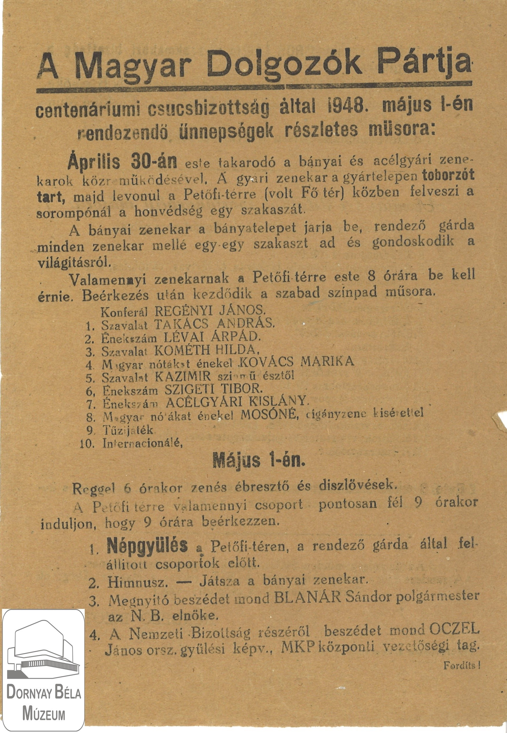 MDP Salgótarjáni Bizottsága által szervezet május 1-i program. (Dornyay Béla Múzeum, Salgótarján CC BY-NC-SA)