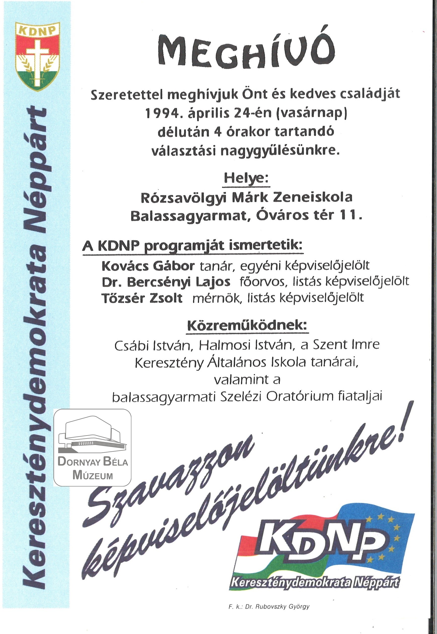 Meghívó a KDNP gyűlésére (Dornyay Béla Múzeum, Salgótarján CC BY-NC-SA)