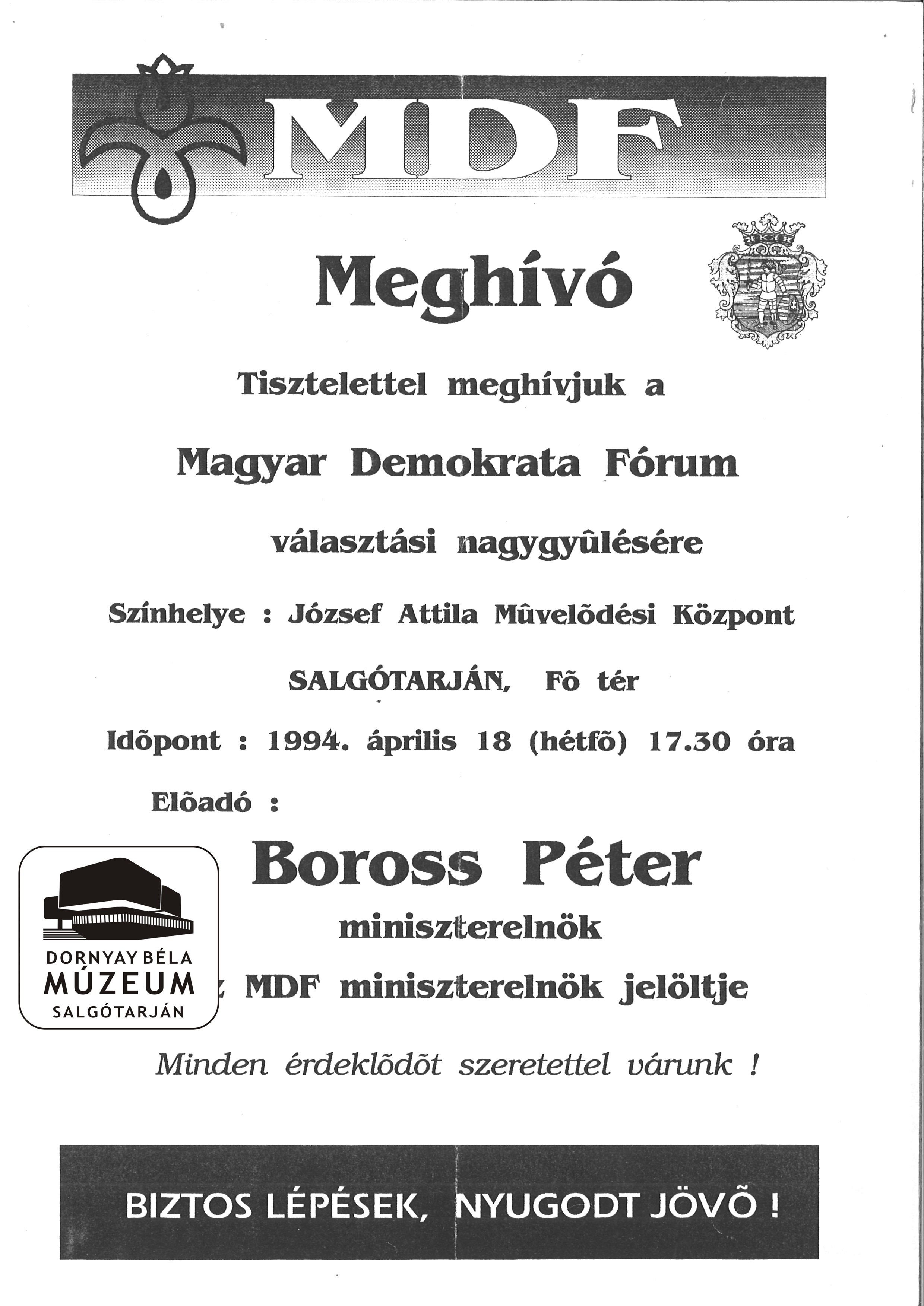 Meghívó a Magyar Demokrata Fórum választási nagygyűlésére (Dornyay Béla Múzeum, Salgótarján CC BY-NC-SA)