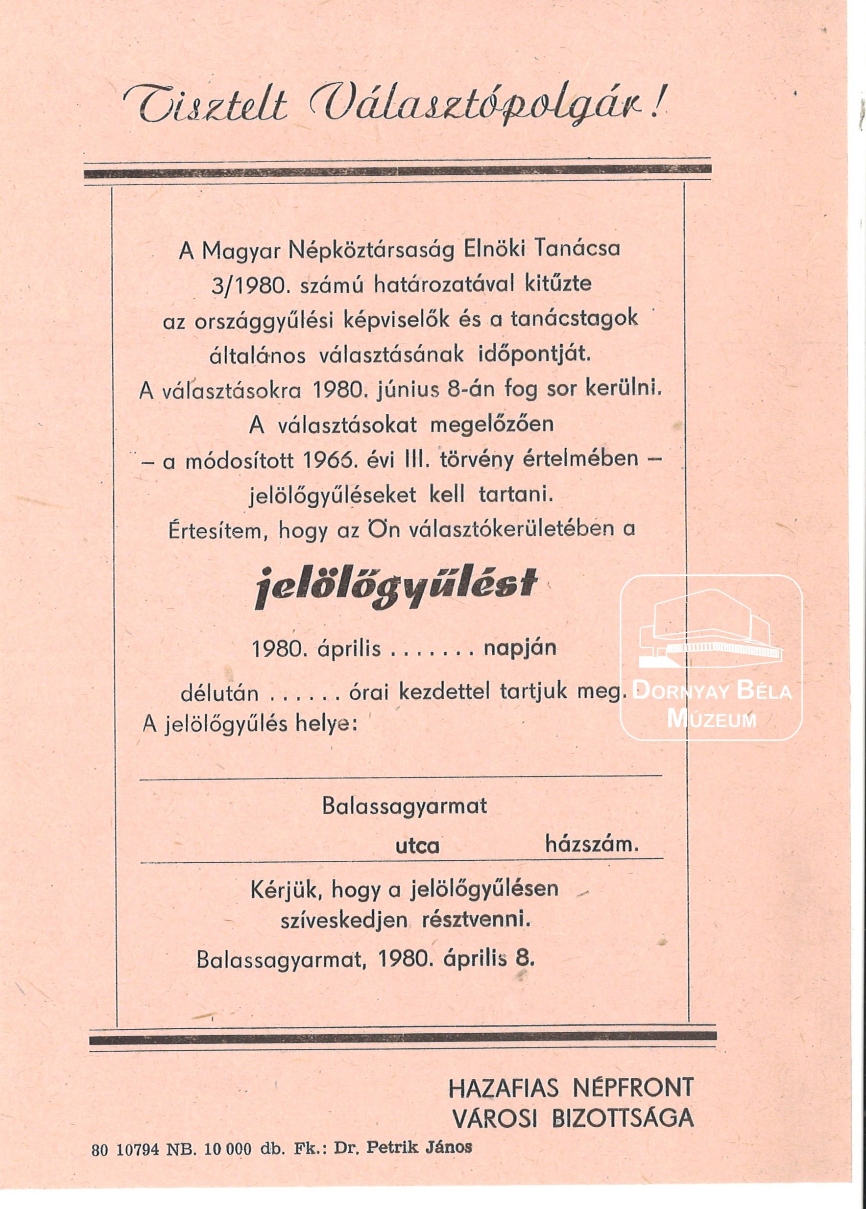 Meghívó jelölőgyűlésre, Balassagyarmat. (Dornyay Béla Múzeum, Salgótarján CC BY-NC-SA)