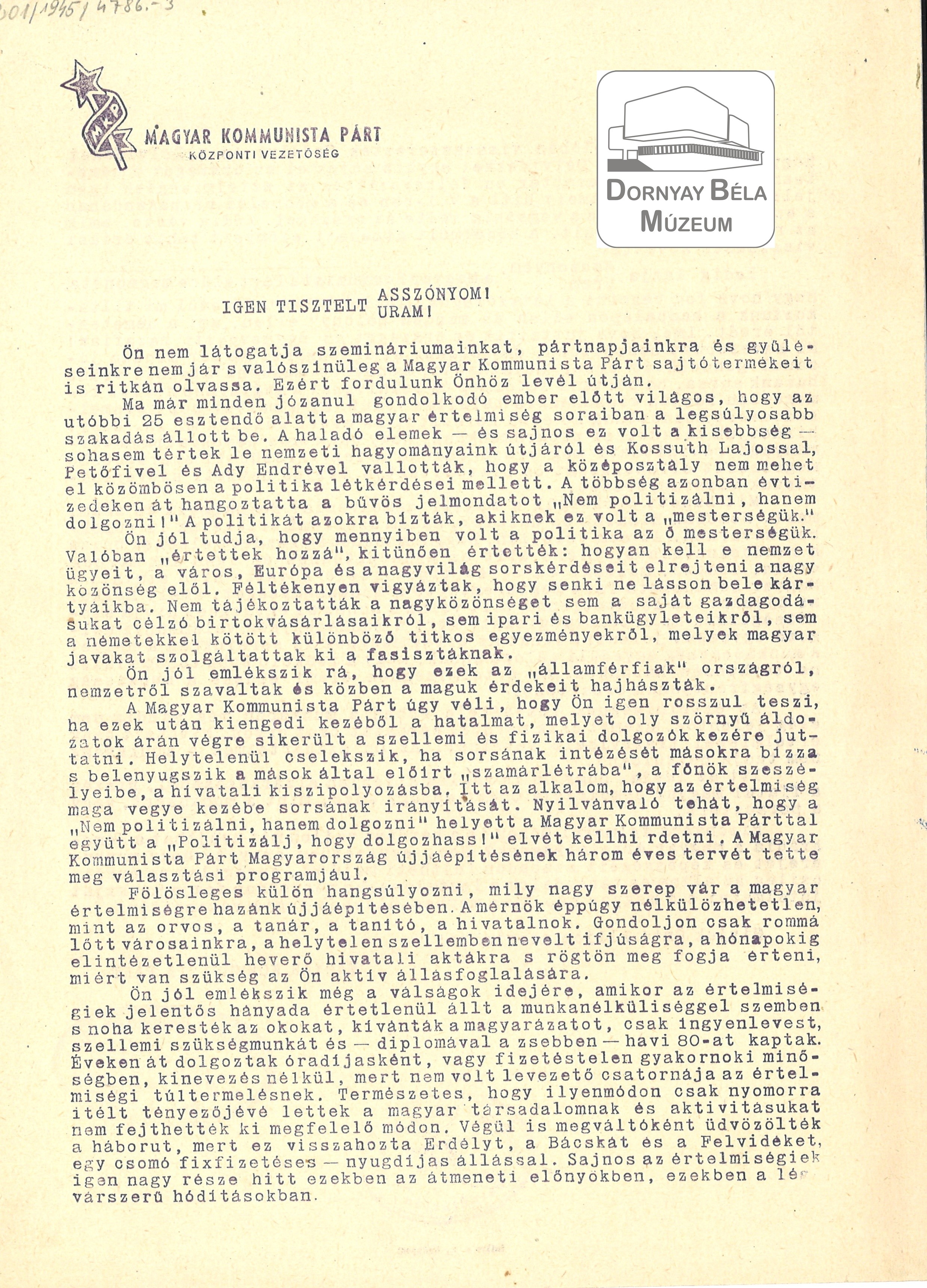 MKP KV levele az értelmiséghez (Dornyay Béla Múzeum, Salgótarján CC BY-NC-SA)