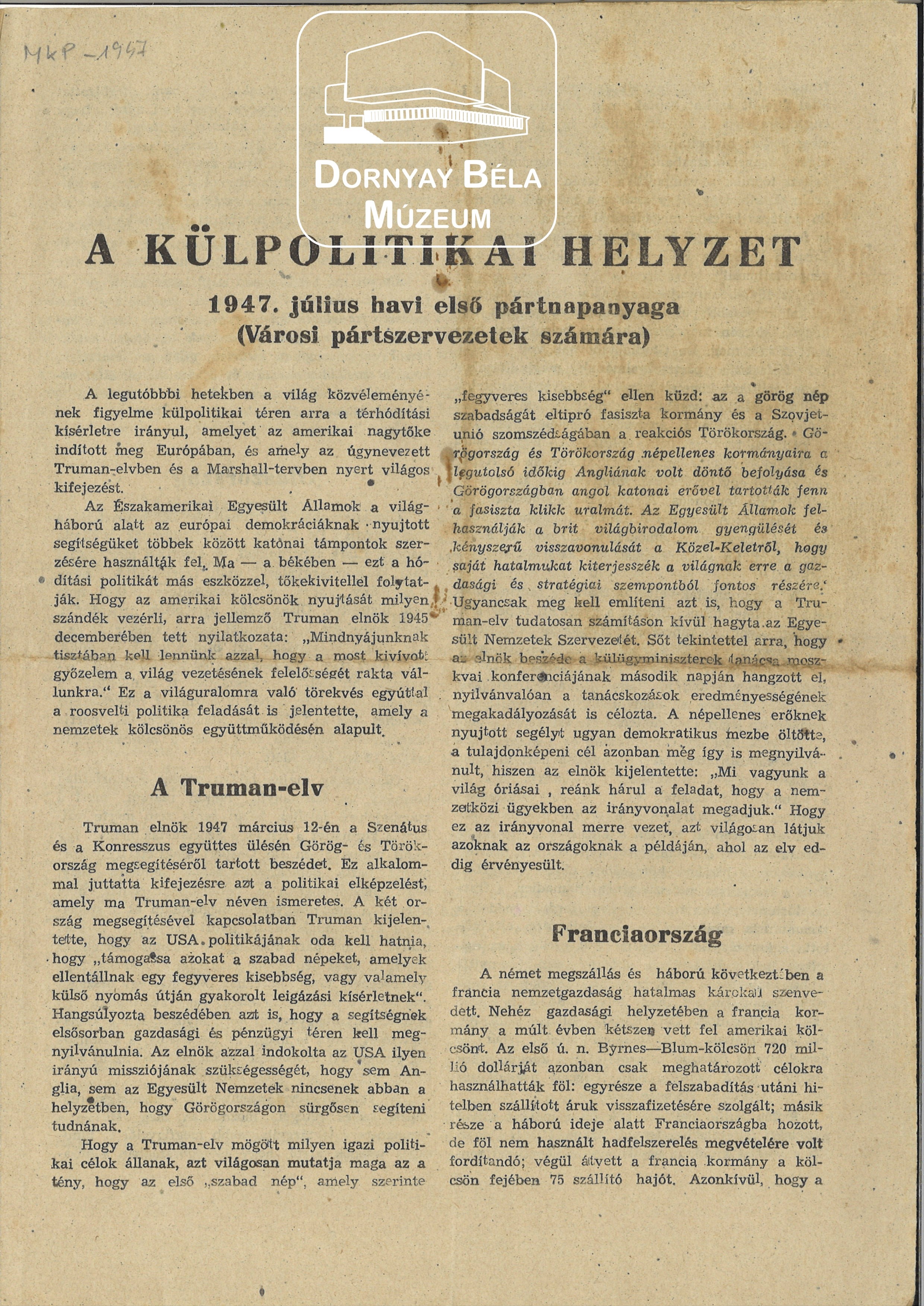 MKP röpirat a külpolitikai helyzetről (Dornyay Béla Múzeum, Salgótarján CC BY-NC-SA)