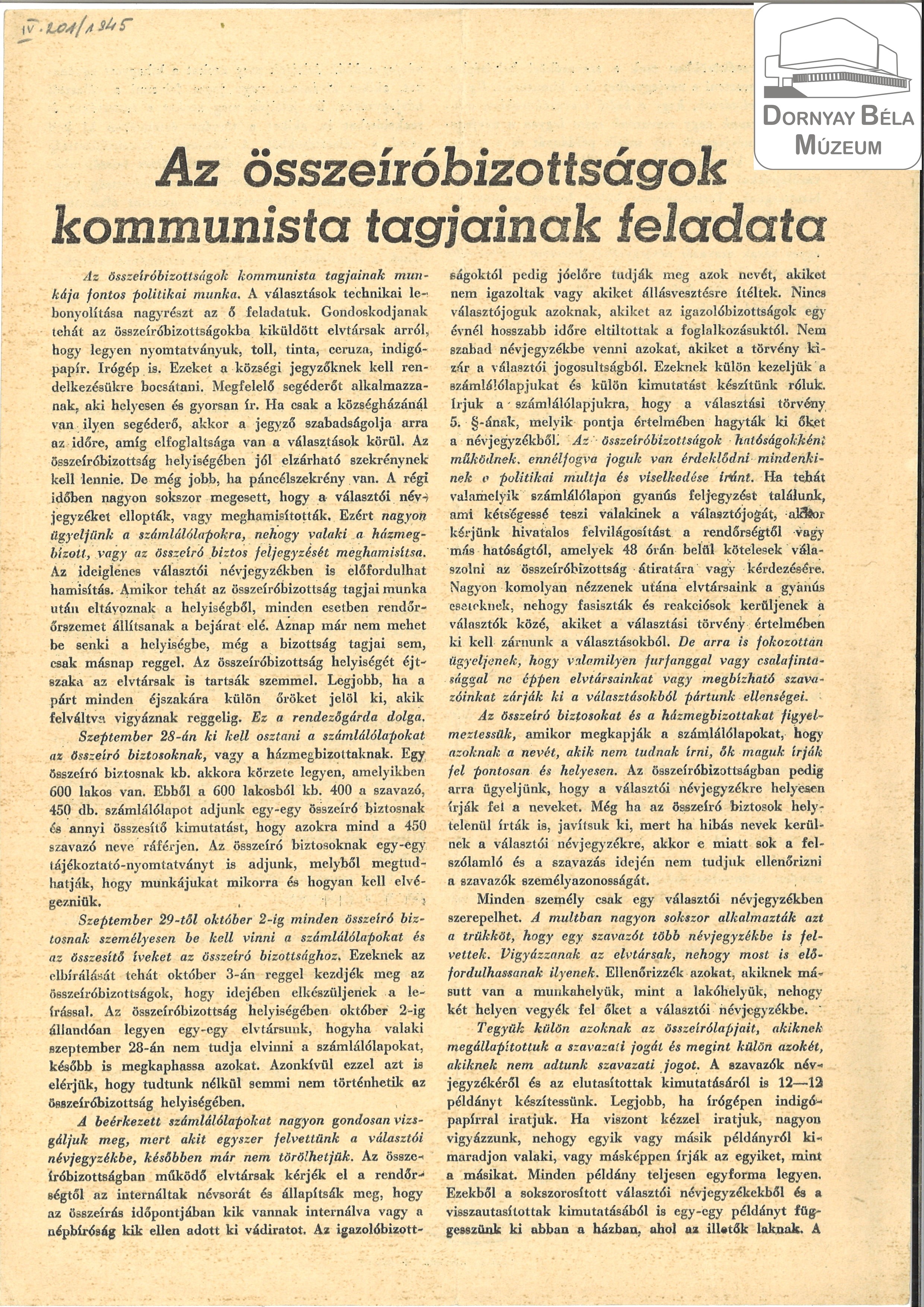 MKP választási röpirat. Az összeíró bizottságok feladat. (Dornyay Béla Múzeum, Salgótarján CC BY-NC-SA)