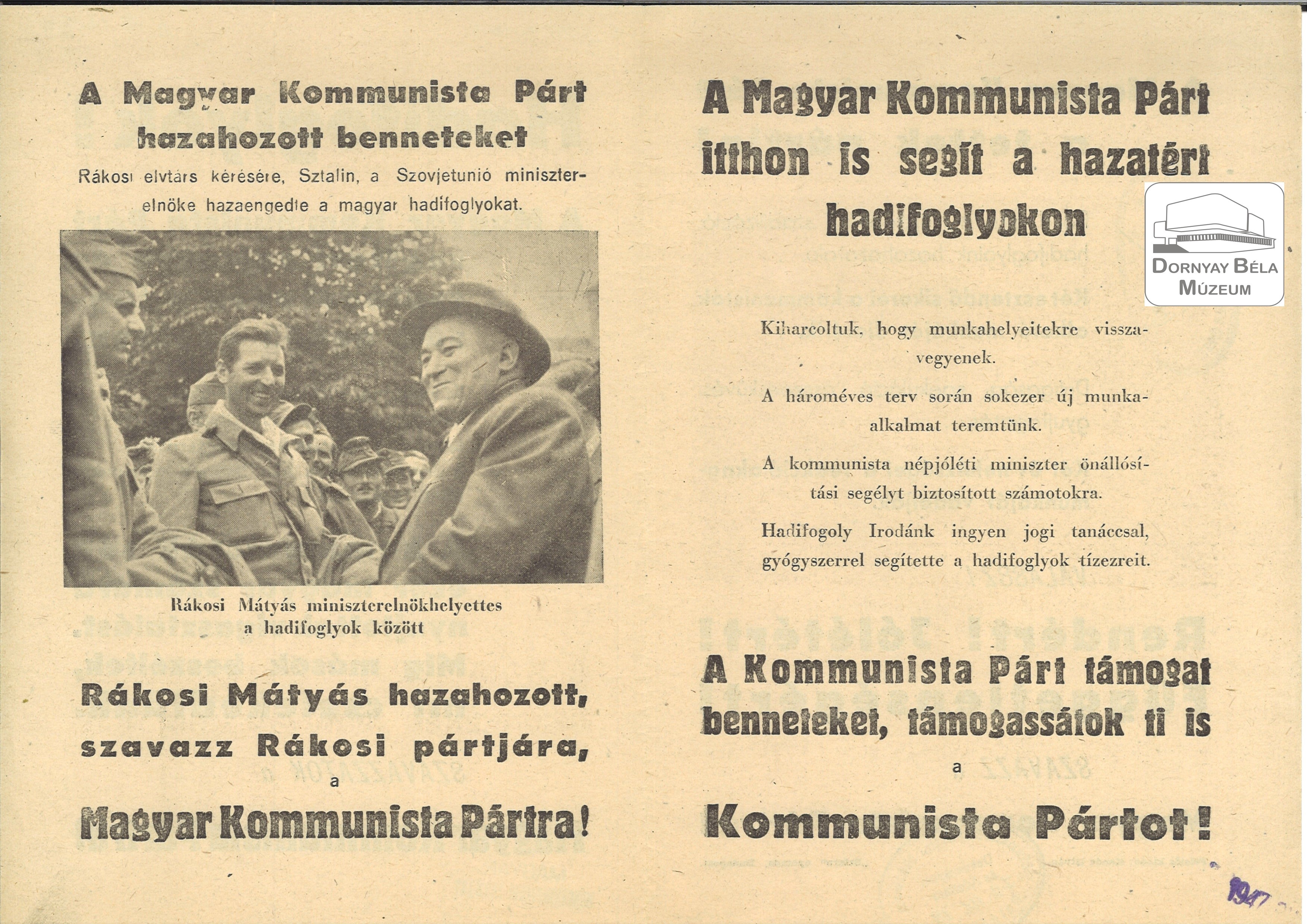 MKP választási röplapja. Felhívás a hadifoglyokhoz. (Dornyay Béla Múzeum, Salgótarján CC BY-NC-SA)