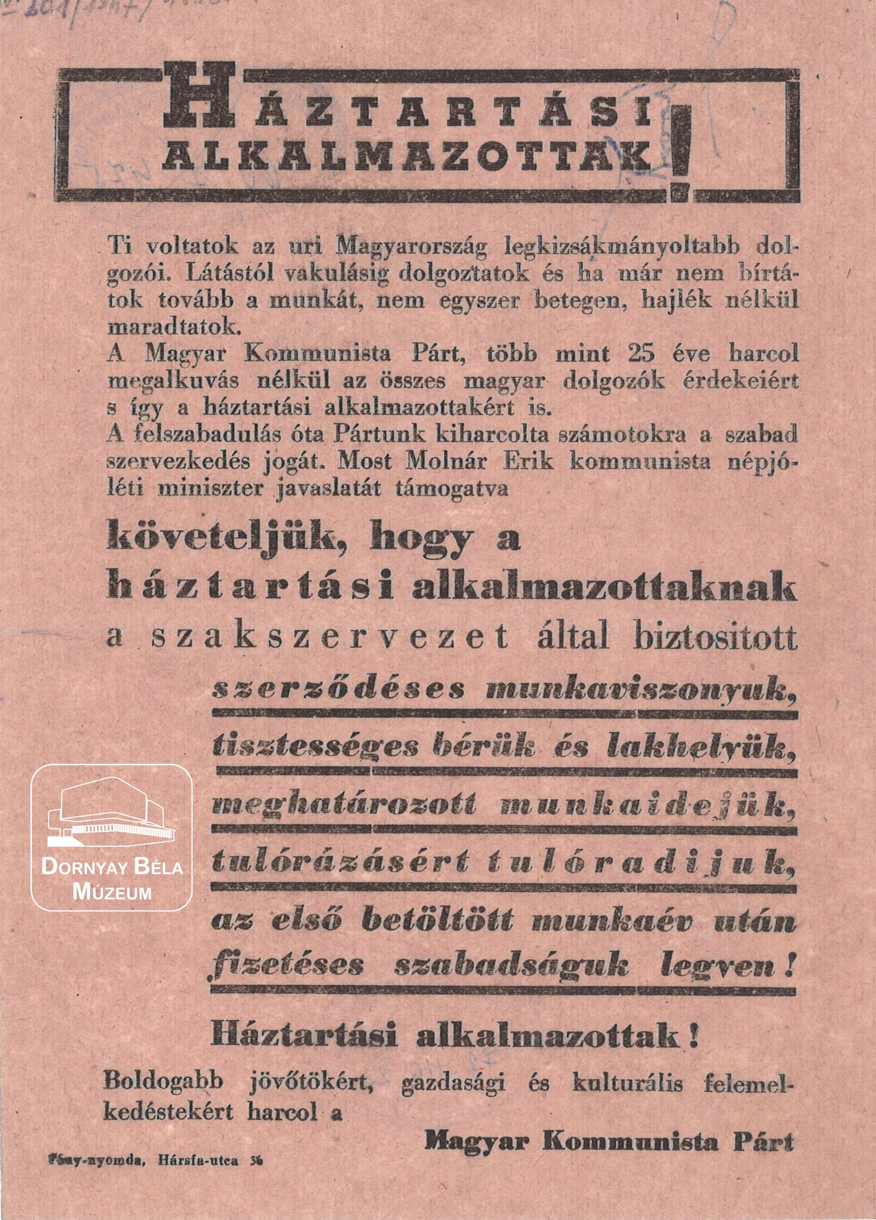 MKP választási röplapja. Felhívás a háztartási alkalmazottakhoz. (Dornyay Béla Múzeum, Salgótarján CC BY-NC-SA)