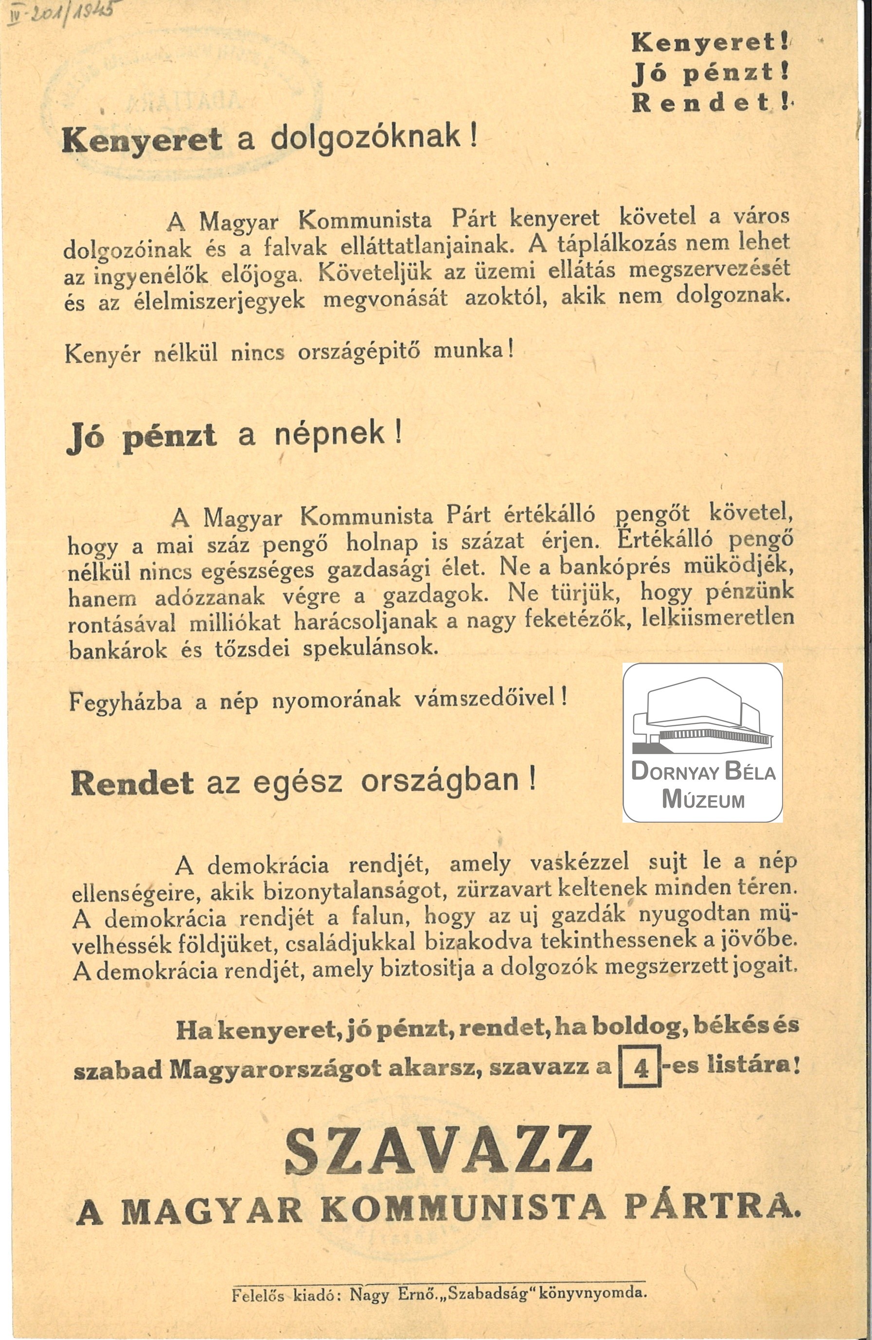 MKP választási röplapja. Kenyeret, jó pénzt, rendet. (Dornyay Béla Múzeum, Salgótarján CC BY-NC-SA)