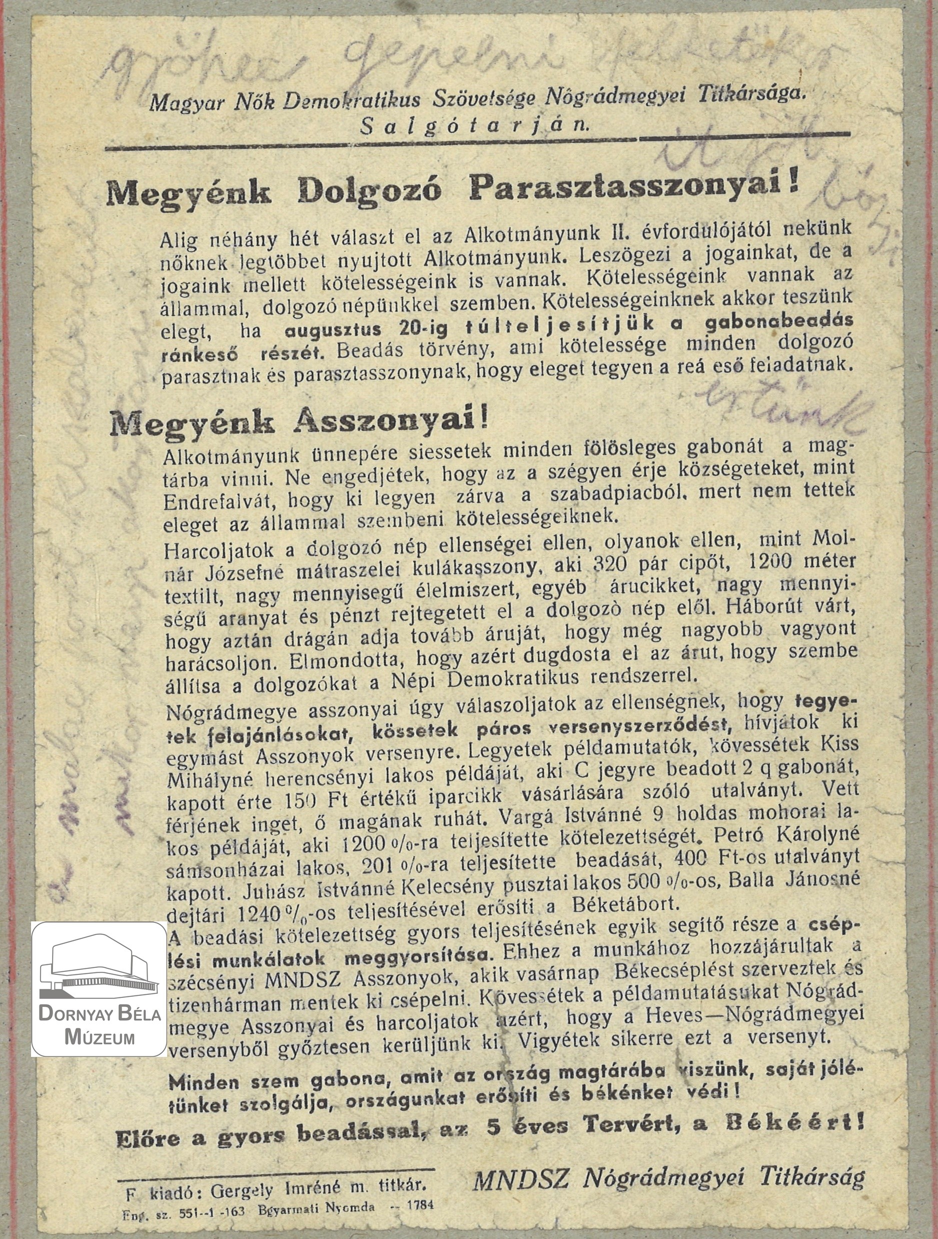 MNDSZ Nógrád megyei Titkárságának felhívása megyénk dolgozó parasztasszonyaihoz. (Dornyay Béla Múzeum, Salgótarján CC BY-NC-SA)