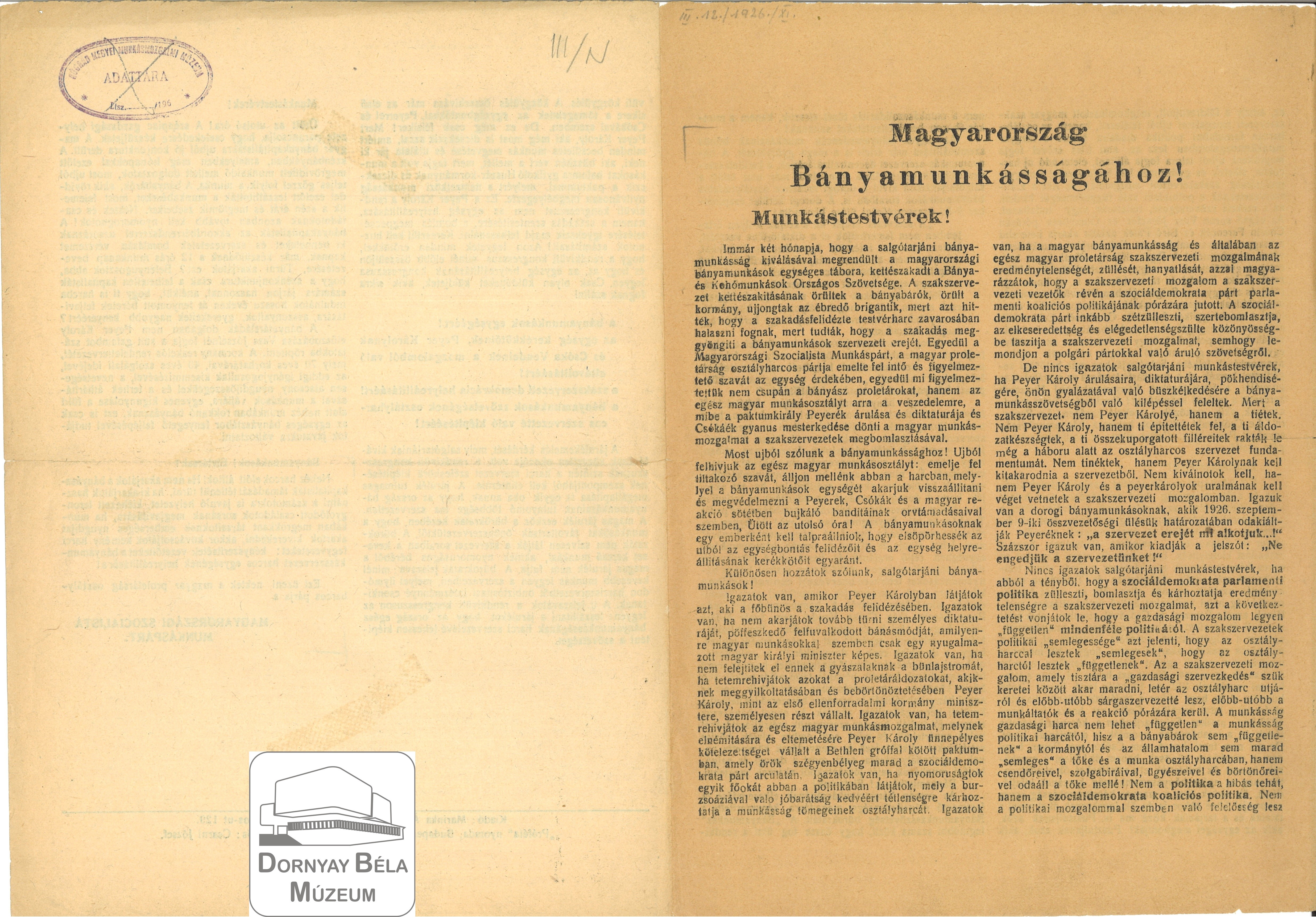 MSZMP felhívása Magyarország bányamunkásságához (Dornyay Béla Múzeum, Salgótarján CC BY-NC-SA)