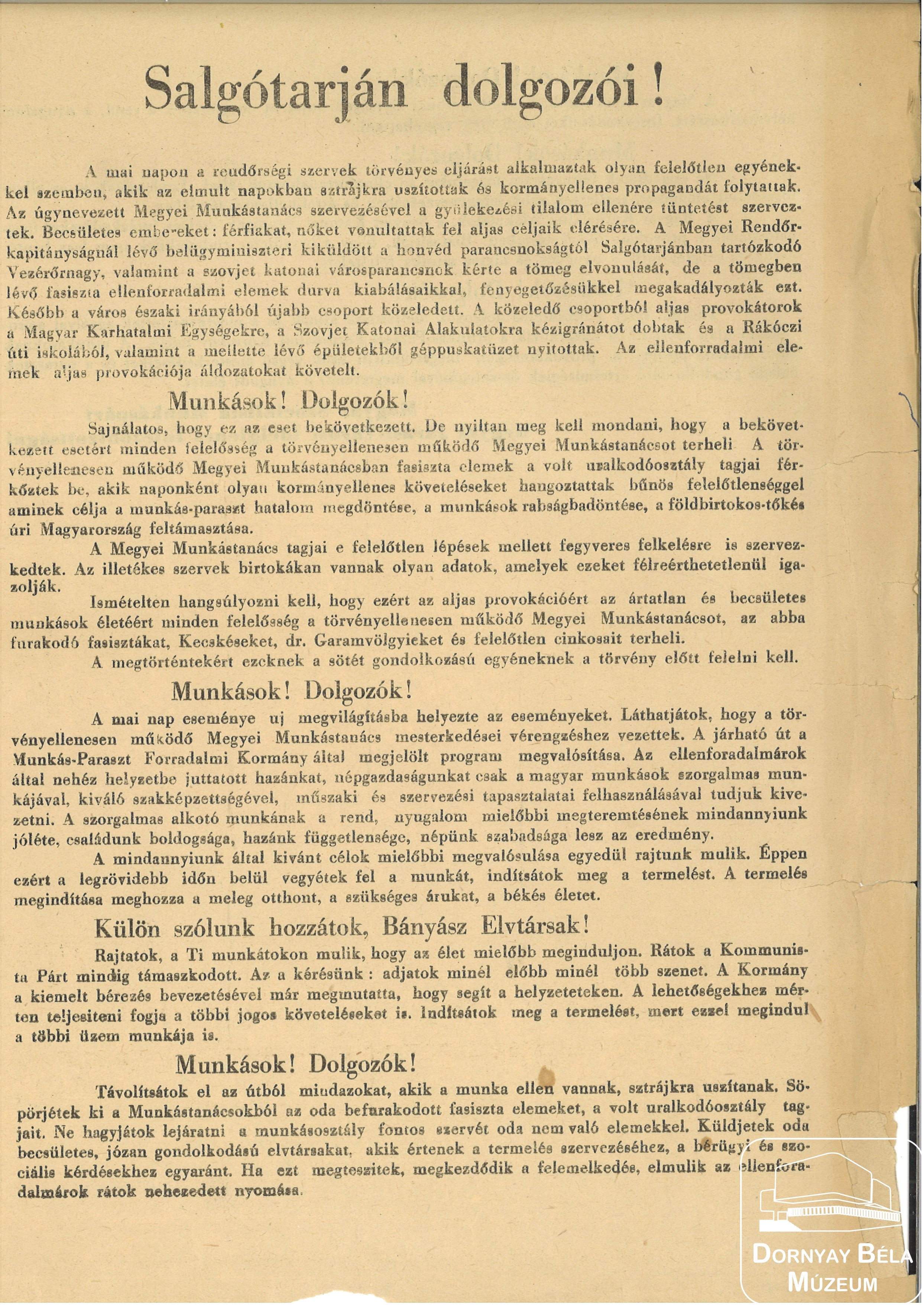 MSZMP járási-városi ideiglenes int.bizottságának felhívása, Salgótarján dolgozóihoz. (Dornyay Béla Múzeum, Salgótarján CC BY-NC-SA)