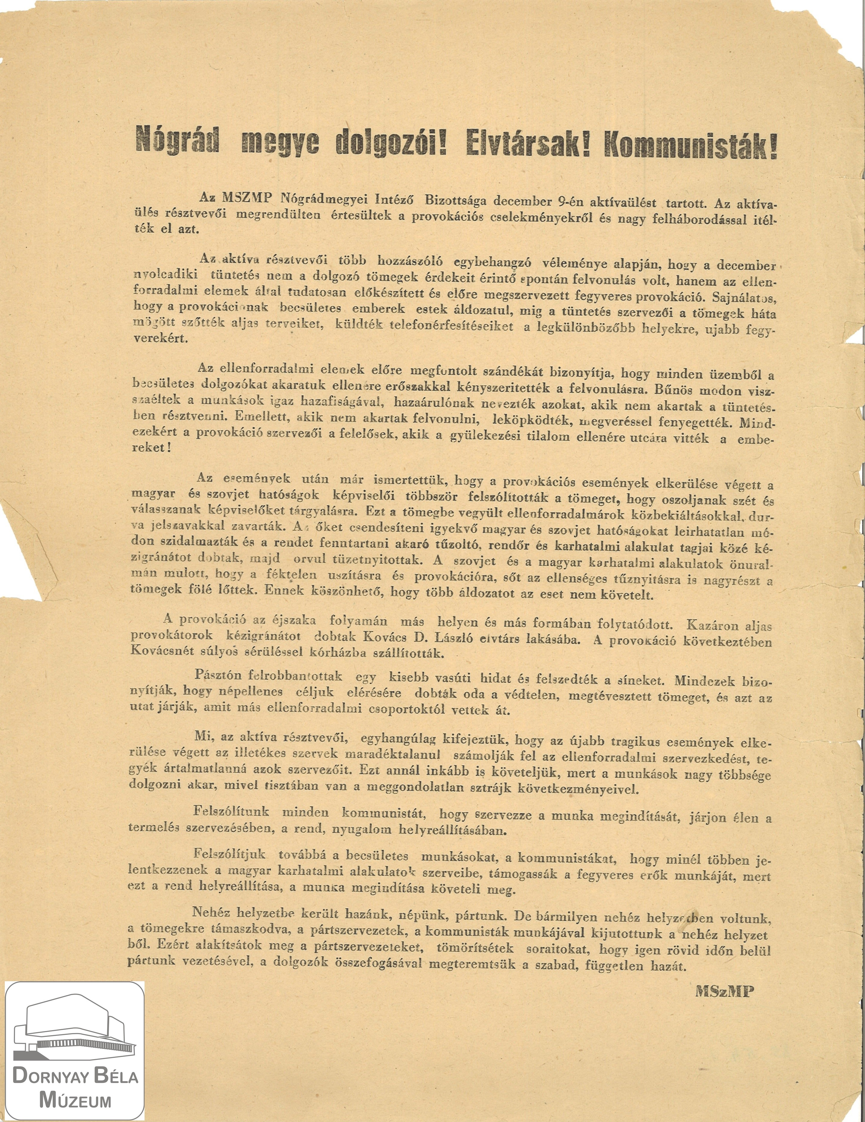 MSZMP Nógrád megyee dolgozói! Elvtársak, kommunisták! (Dornyay Béla Múzeum, Salgótarján CC BY-NC-SA)