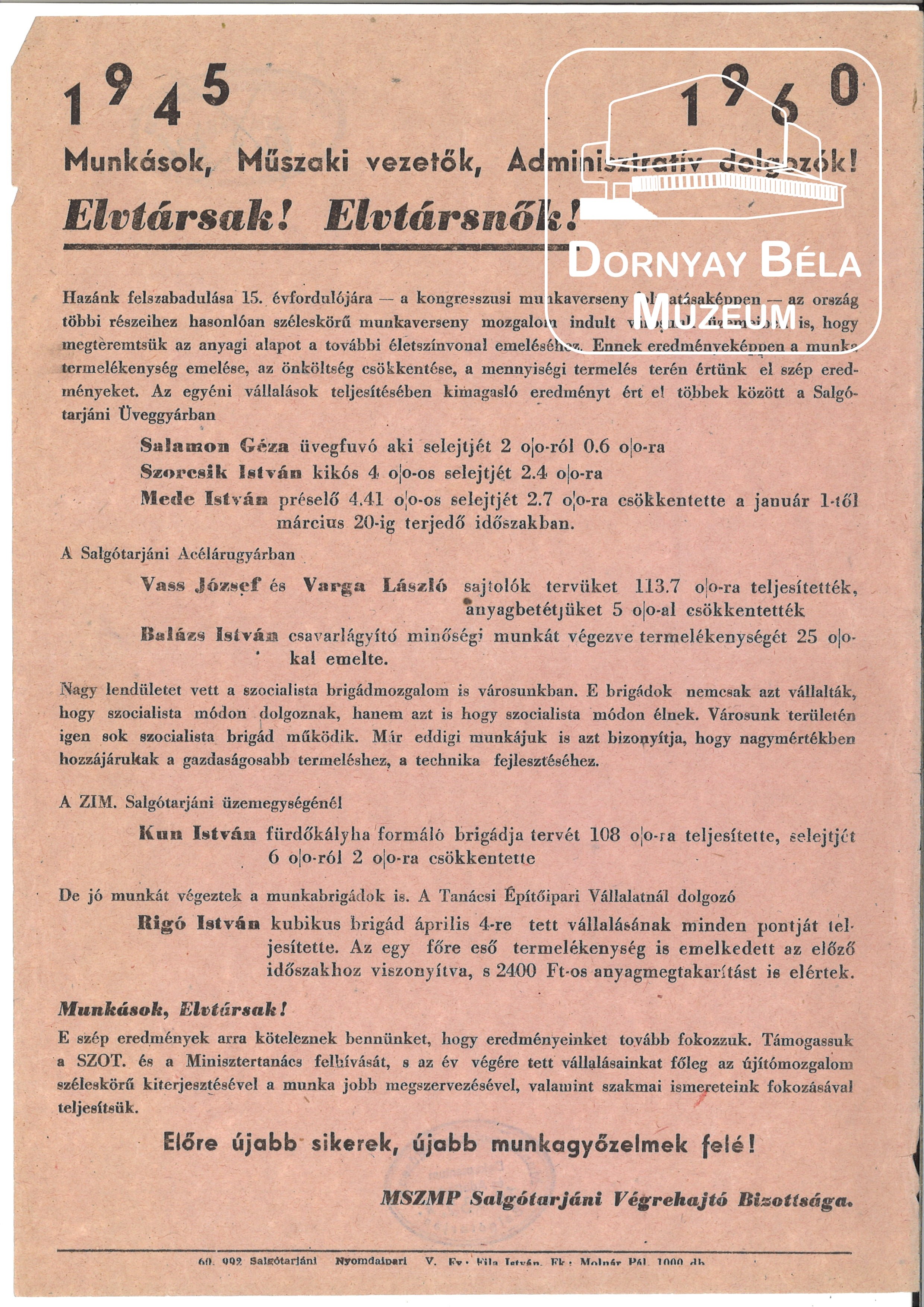 MSZMP Salgótarjáni VB. Felhívása a munkásokhoz, műszaki vezetőkhöz, adm.dolg. (Dornyay Béla Múzeum, Salgótarján CC BY-NC-SA)