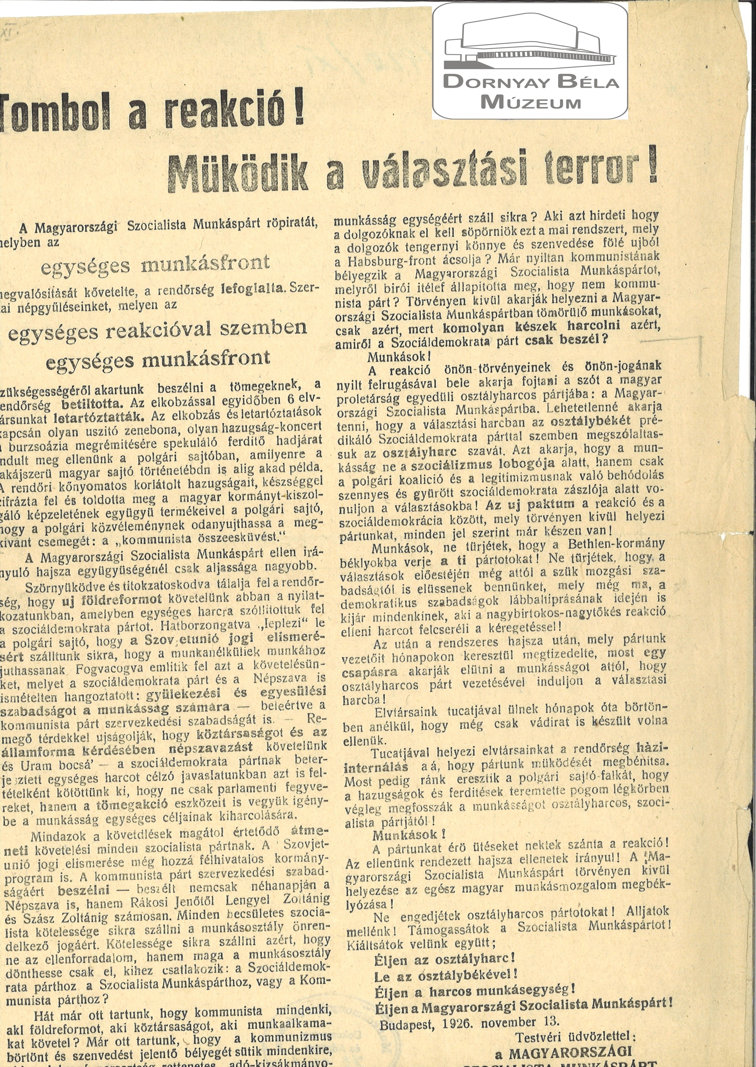 MSZMP Tombol a reakció, választási terror (Dornyay Béla Múzeum, Salgótarján CC BY-NC-SA)