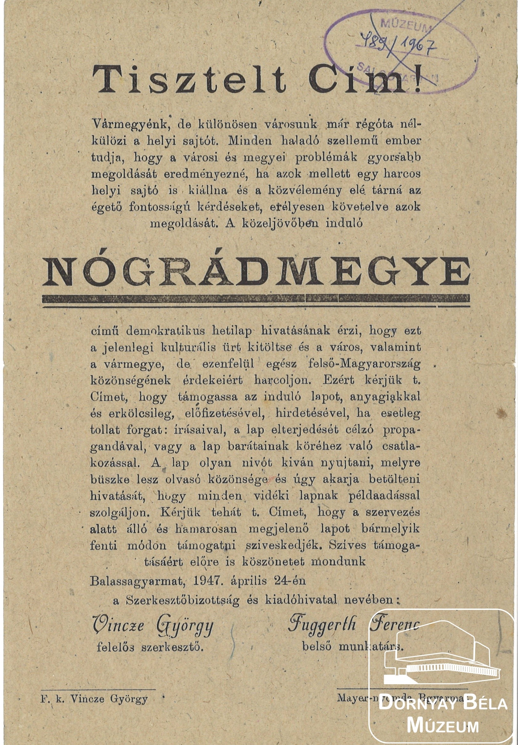 Nógrád megye c. demokratikus hetilap beindulása. (Dornyay Béla Múzeum, Salgótarján CC BY-NC-SA)