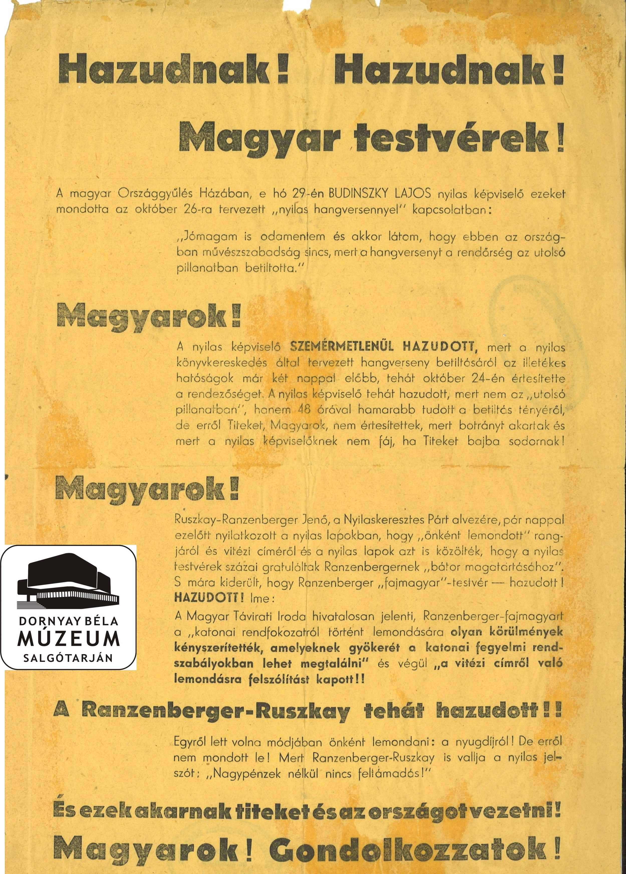 Nyilas vezetőt leleplező röpirat. (Dornyay Béla Múzeum, Salgótarján CC BY-NC-SA)