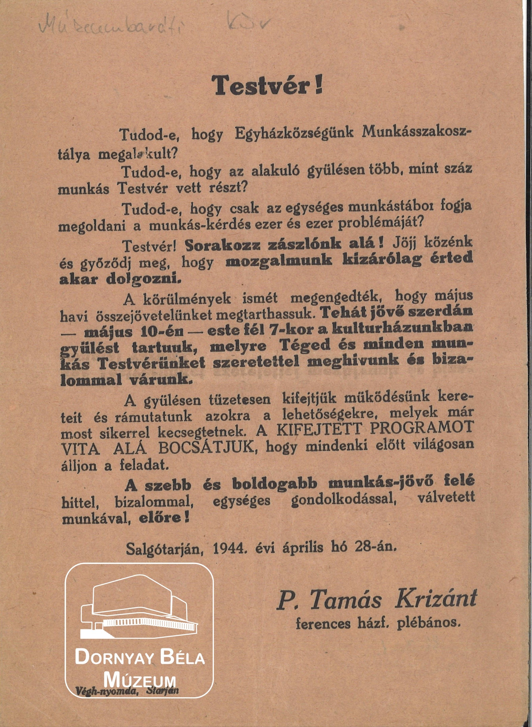 P. Tamás Krizánt ferences házf.plébános felhívása, május 10-én tartandó gyűlésére (Dornyay Béla Múzeum, Salgótarján CC BY-NC-SA)