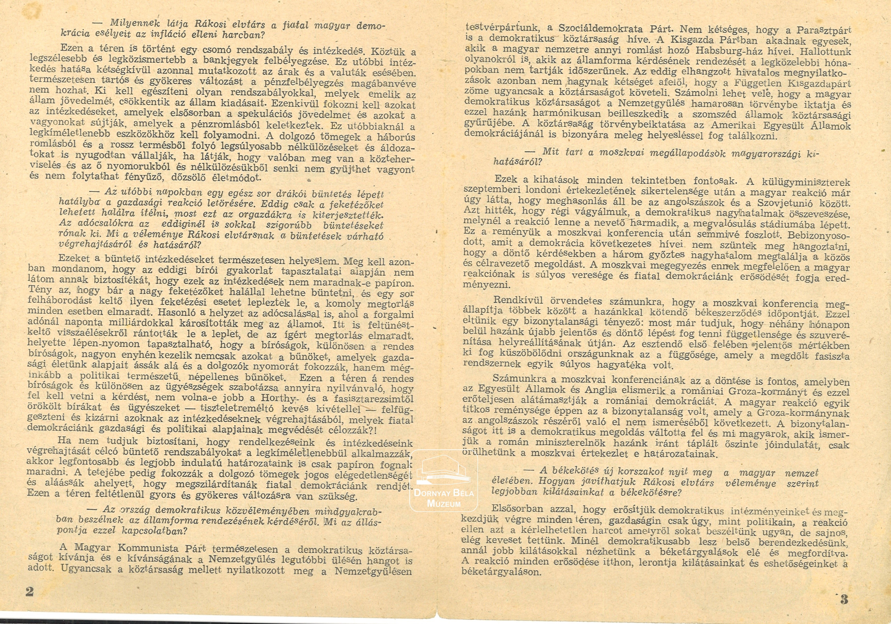 Rákosi Mátyás újévi nyilatkozata: 1946, békét, kenyeret,jó pénzt, köztársaságot hoz a magyar népnek. (Dornyay Béla Múzeum, Salgótarján CC BY-NC-SA)