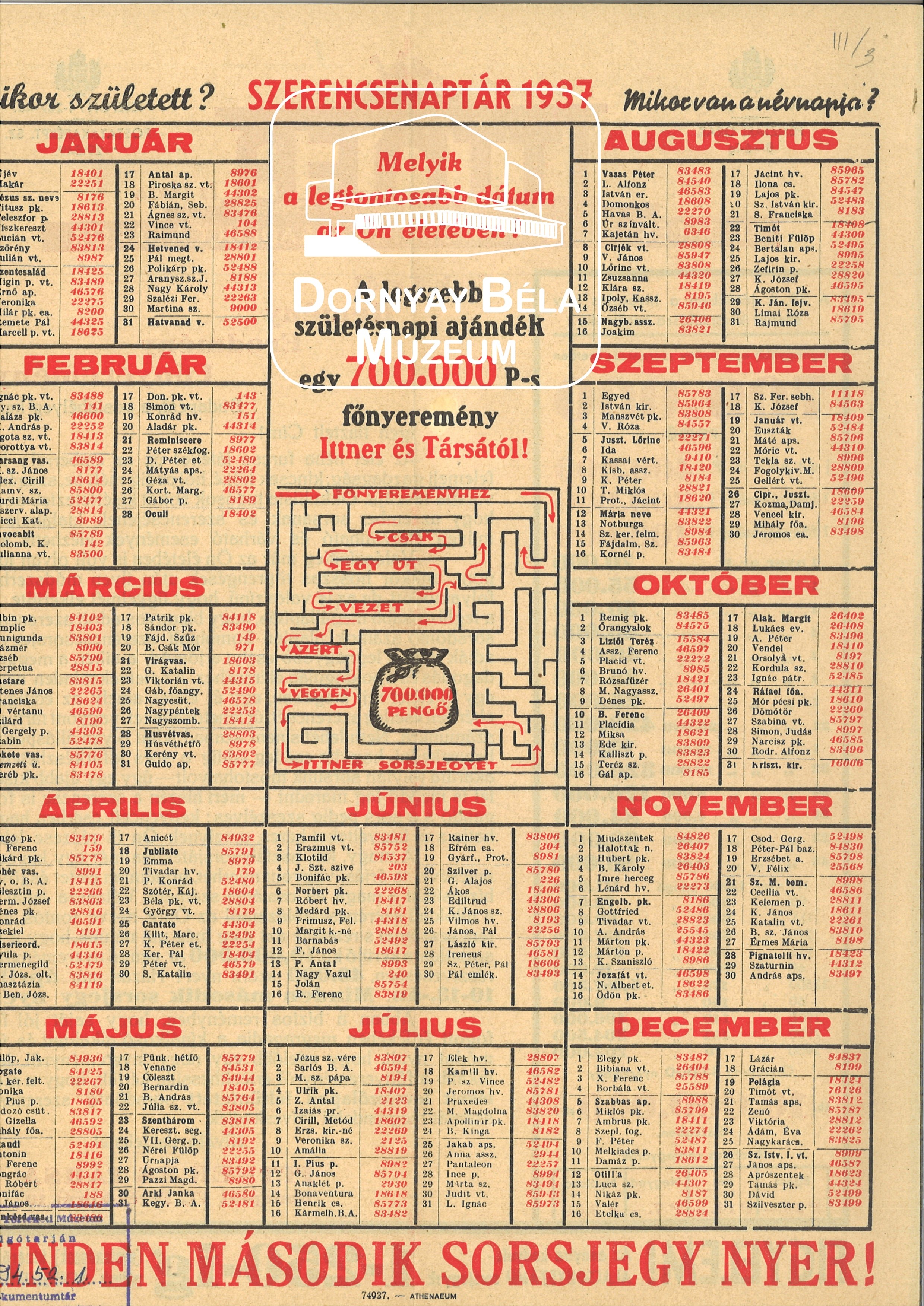 Sorsjegyjáték hirdetése – naptár (Dornyay Béla Múzeum, Salgótarján CC BY-NC-SA)