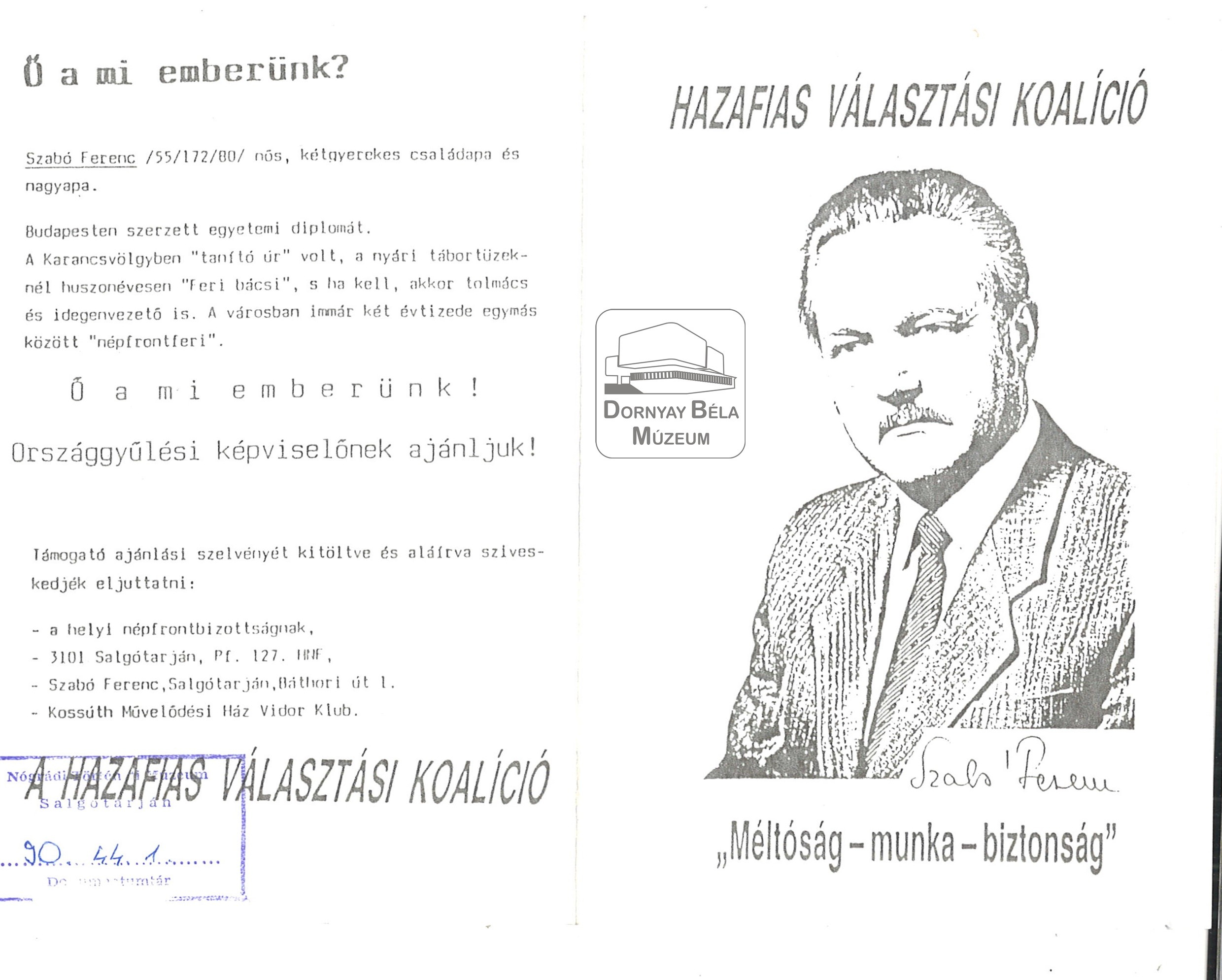 Szabó Ferenc Hazafias Népfront koalíció képvis.jelöltje. (Dornyay Béla Múzeum, Salgótarján CC BY-NC-SA)