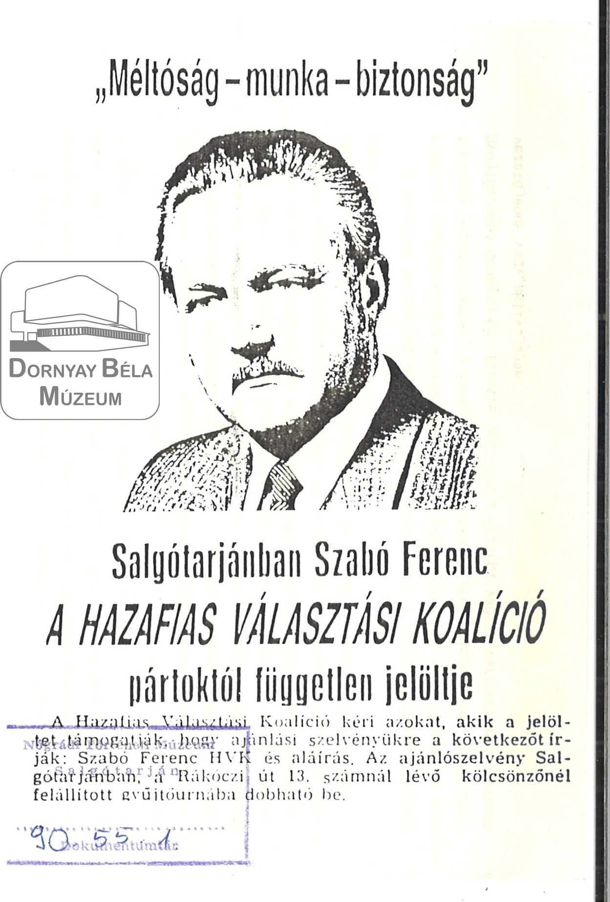 Szabó Ferenc H.V.K. független jelöltje. (Dornyay Béla Múzeum, Salgótarján CC BY-NC-SA)