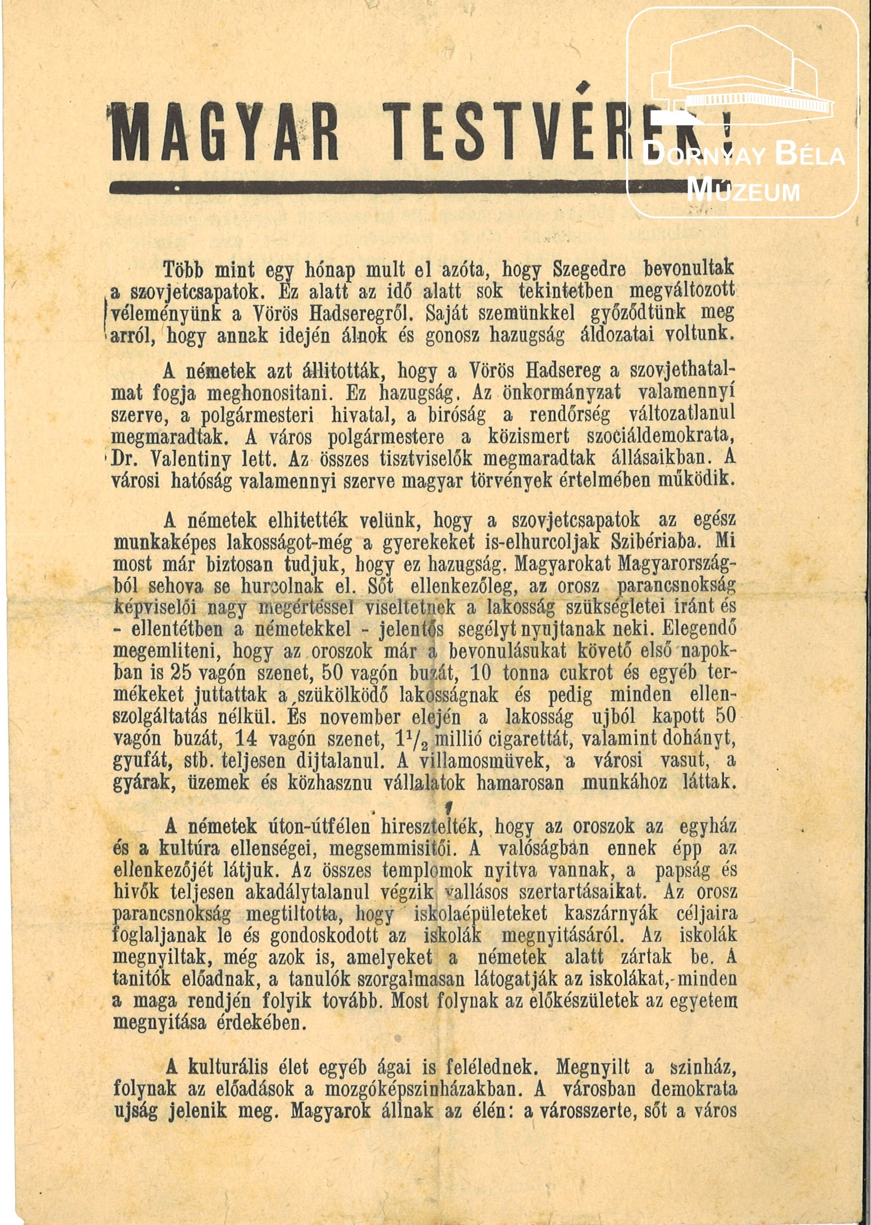 Szegedi Ügyvédi Kamara által sokszorosított röplap a „Magyar Testvérek!”-hez. (Dornyay Béla Múzeum, Salgótarján CC BY-NC-SA)