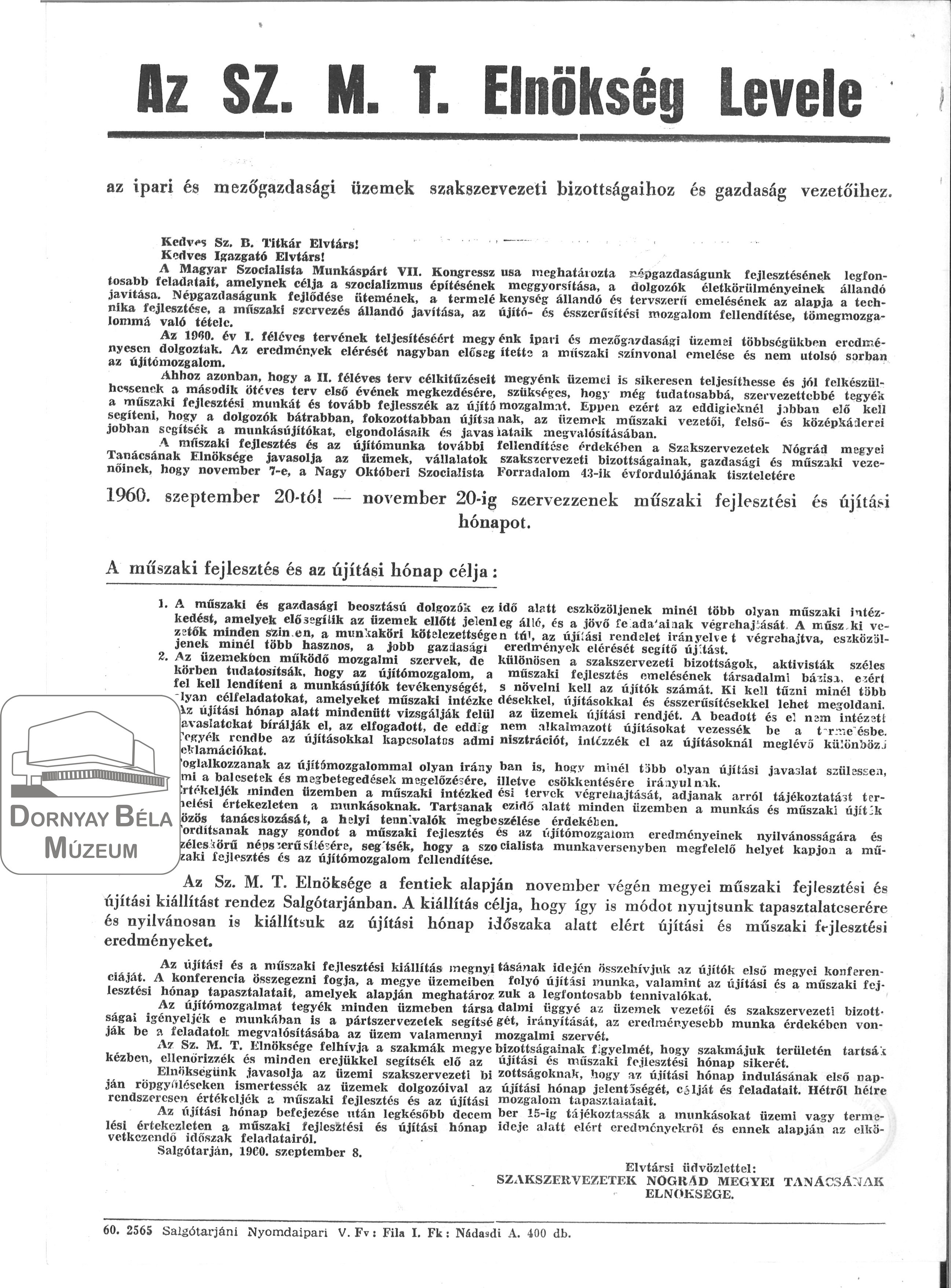 SZMT Elnökségének levele a műszaki fejlesztési és újítási hónapról. (Dornyay Béla Múzeum, Salgótarján CC BY-NC-SA)