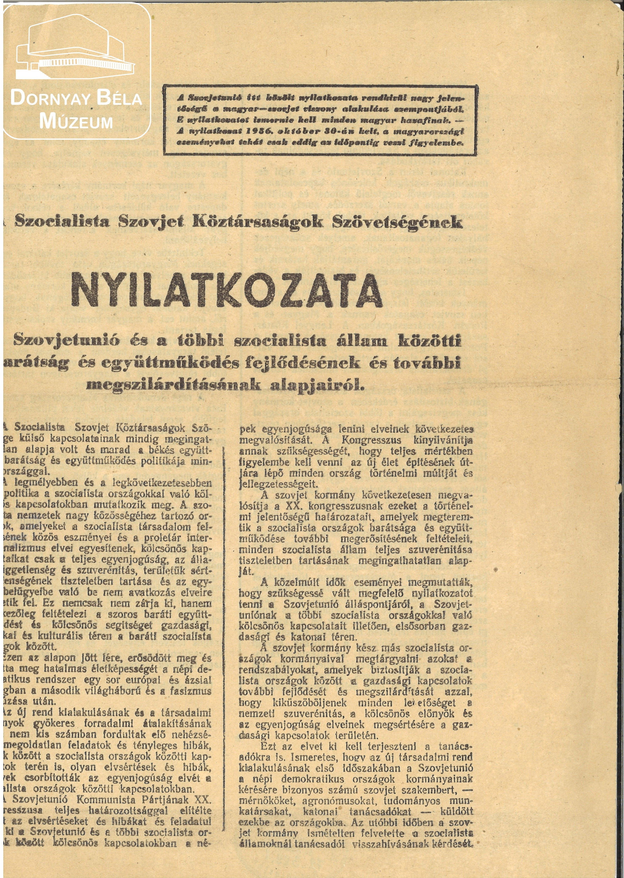 Szocialist Szovjet Köztársaságok Szövetségének nyilatkozata. (Dornyay Béla Múzeum, Salgótarján CC BY-NC-SA)