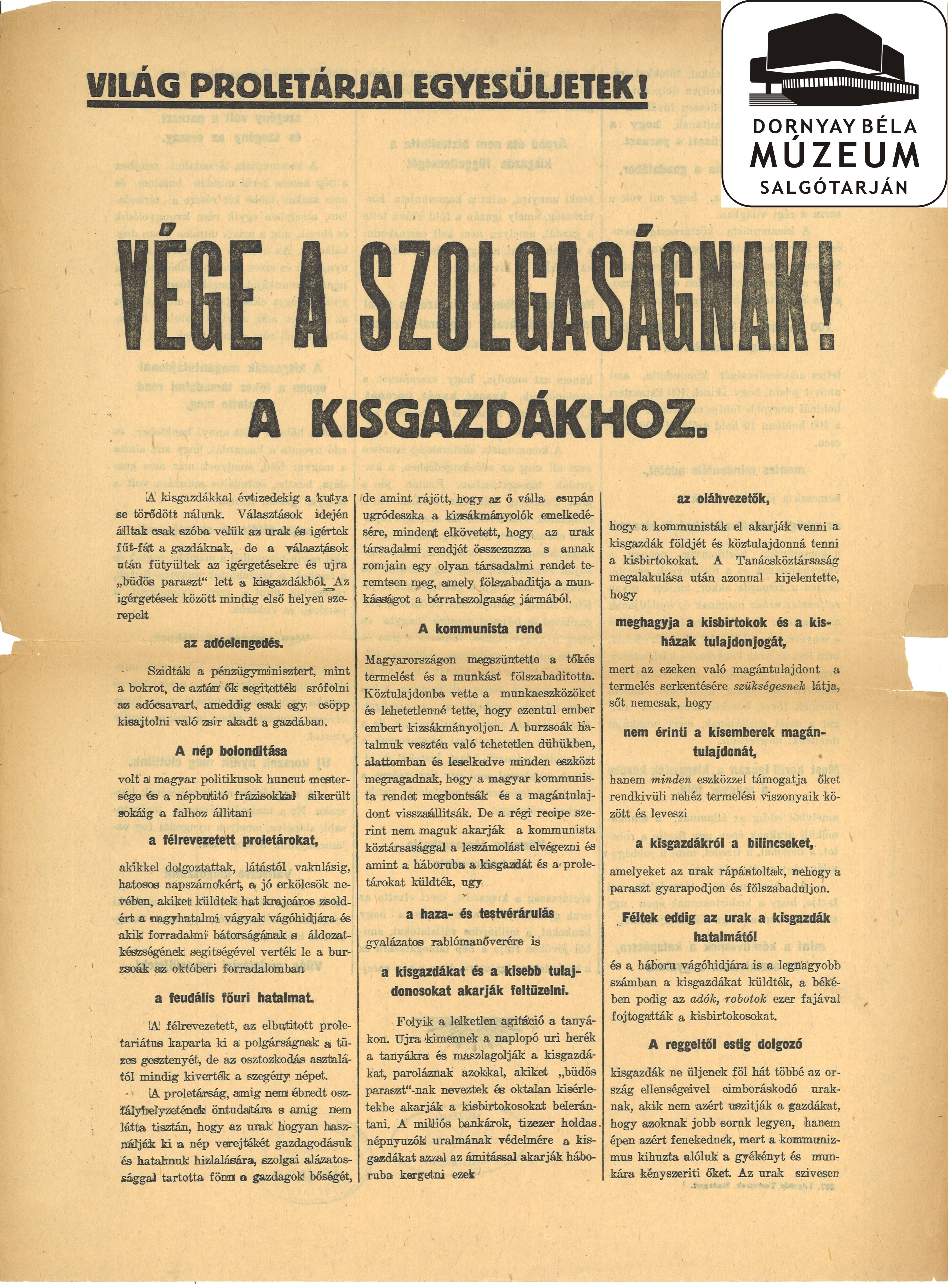 Tanácsköztársaság. A Kisgazdákhoz. (Dornyay Béla Múzeum, Salgótarján CC BY-NC-SA)