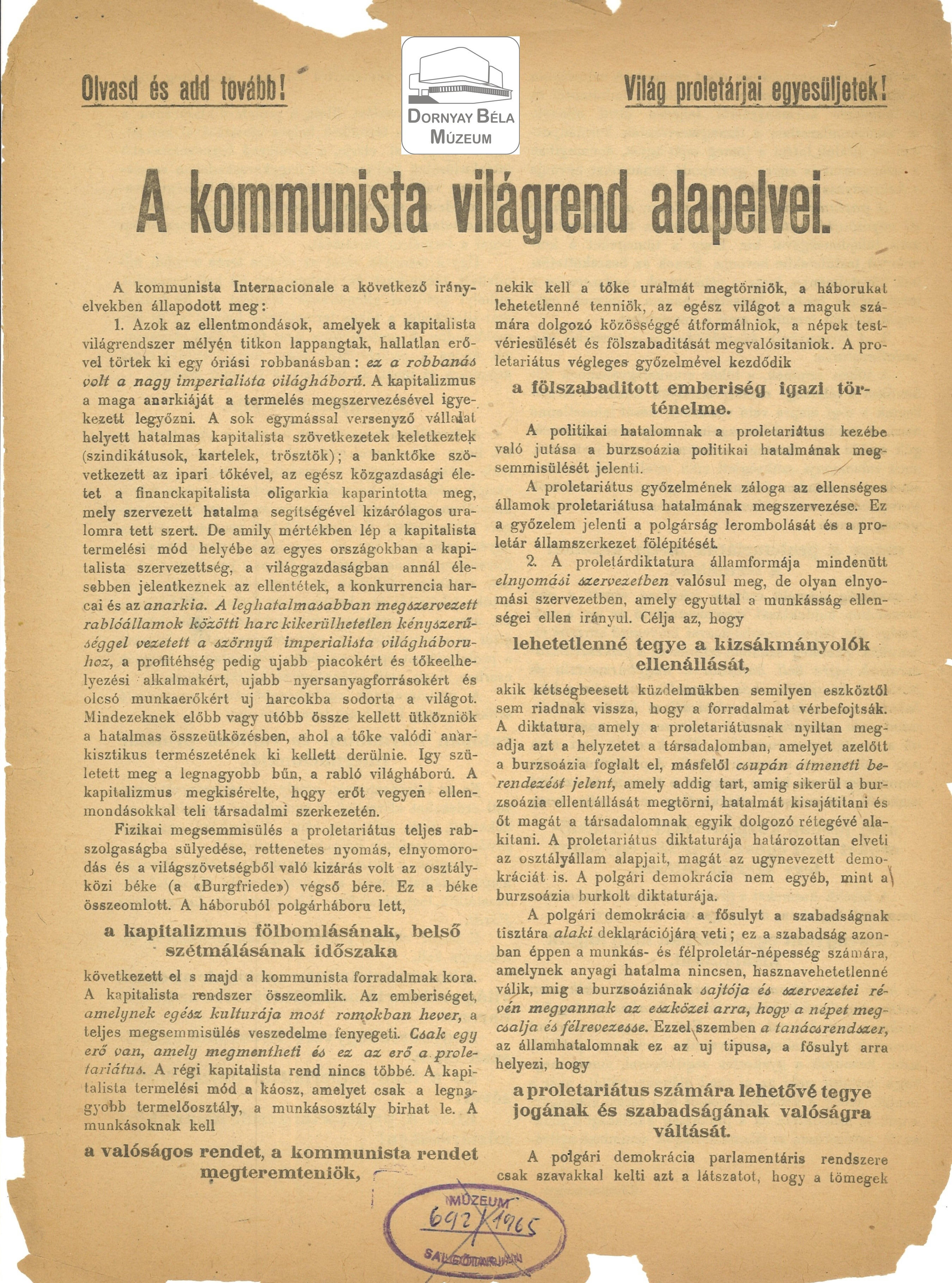Tanácsköztársaság. A kommunista világrend alapelvei. (Dornyay Béla Múzeum, Salgótarján CC BY-NC-SA)