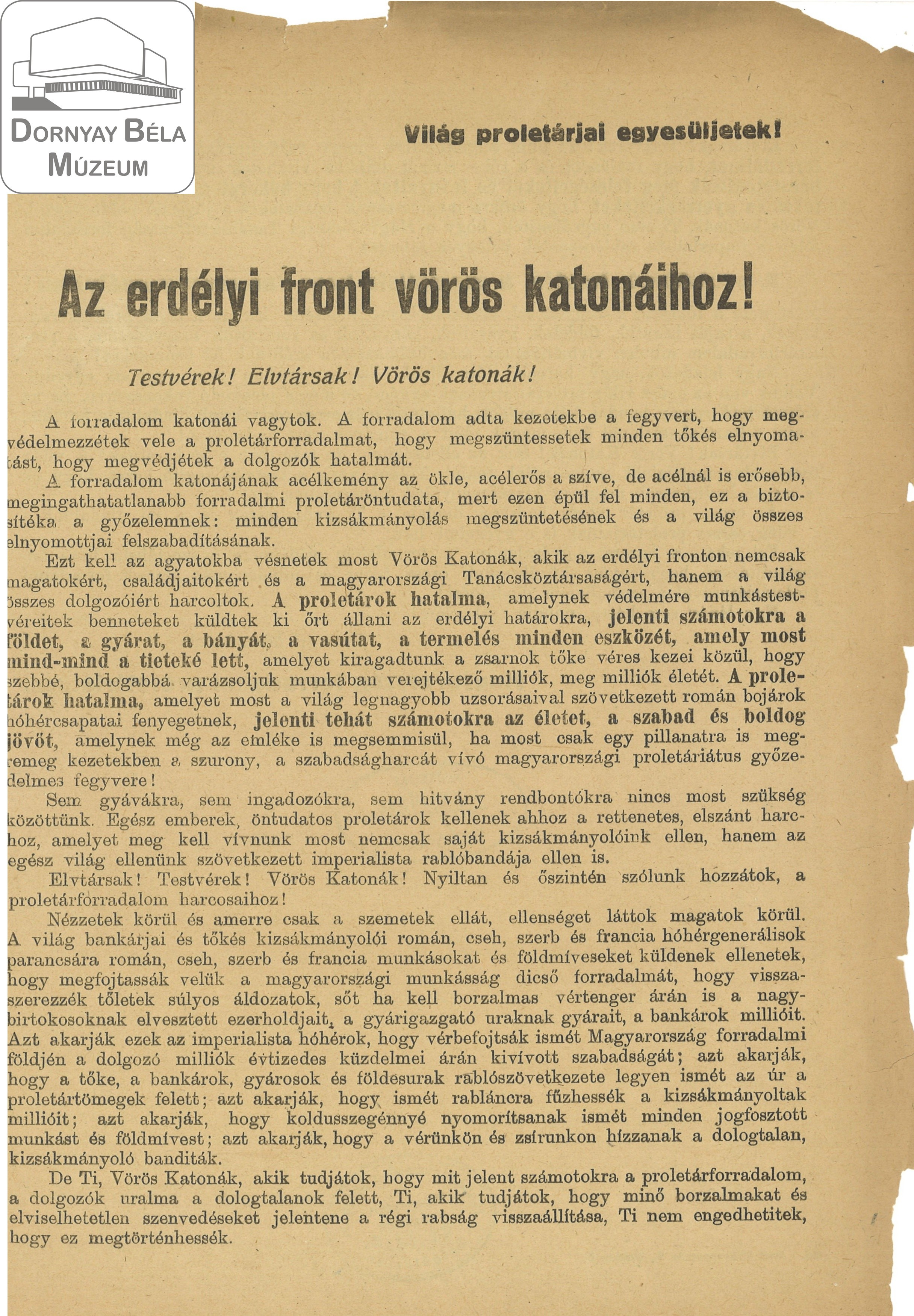 Tanácsköztársaság. Az erdélyi front vörös katonáihoz. (Dornyay Béla Múzeum, Salgótarján CC BY-NC-SA)