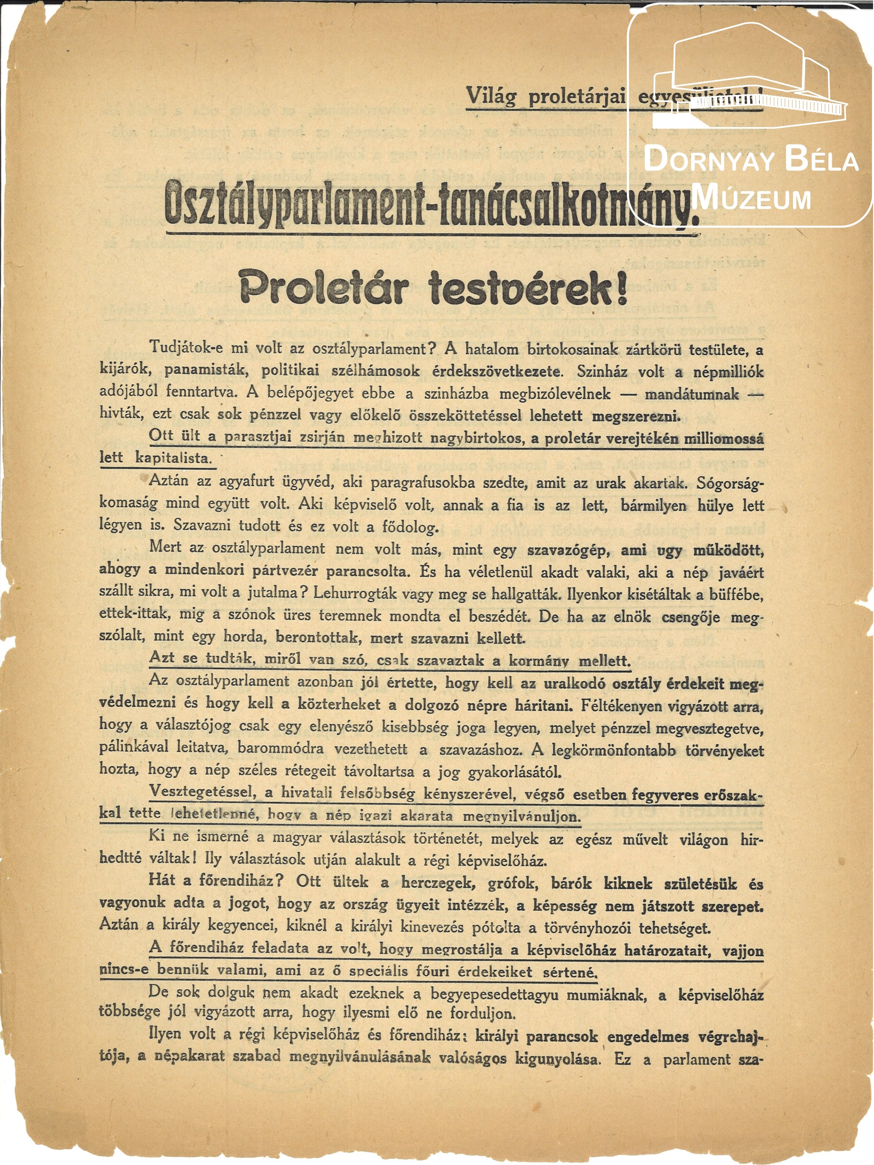 Tanácsköztársaság. Osztályparlament-tanácsalkotmány. (Dornyay Béla Múzeum, Salgótarján CC BY-NC-SA)