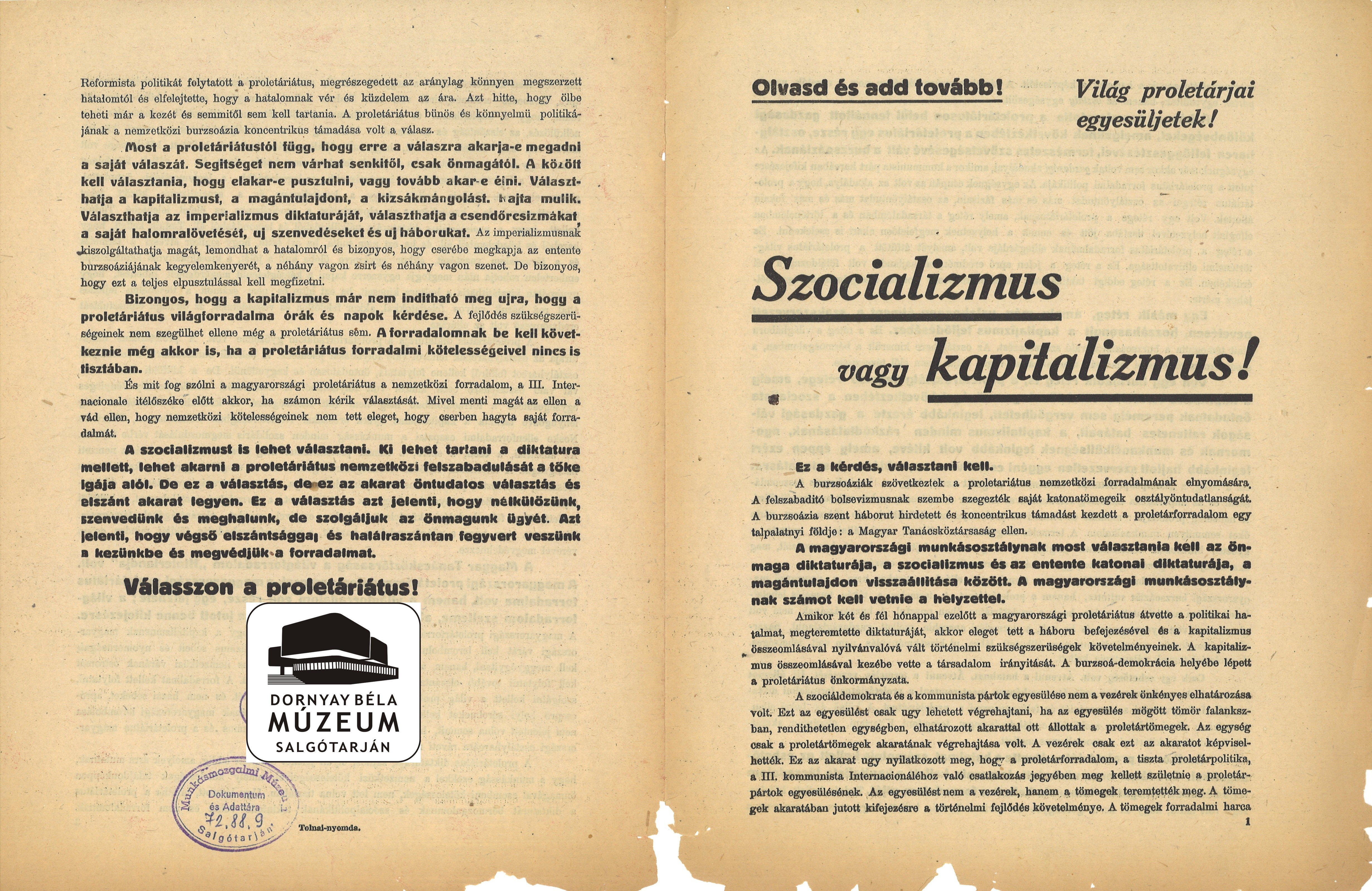 Tanácsköztársaság. Szocializmus vagy kapitalizmus. (Dornyay Béla Múzeum, Salgótarján CC BY-NC-SA)