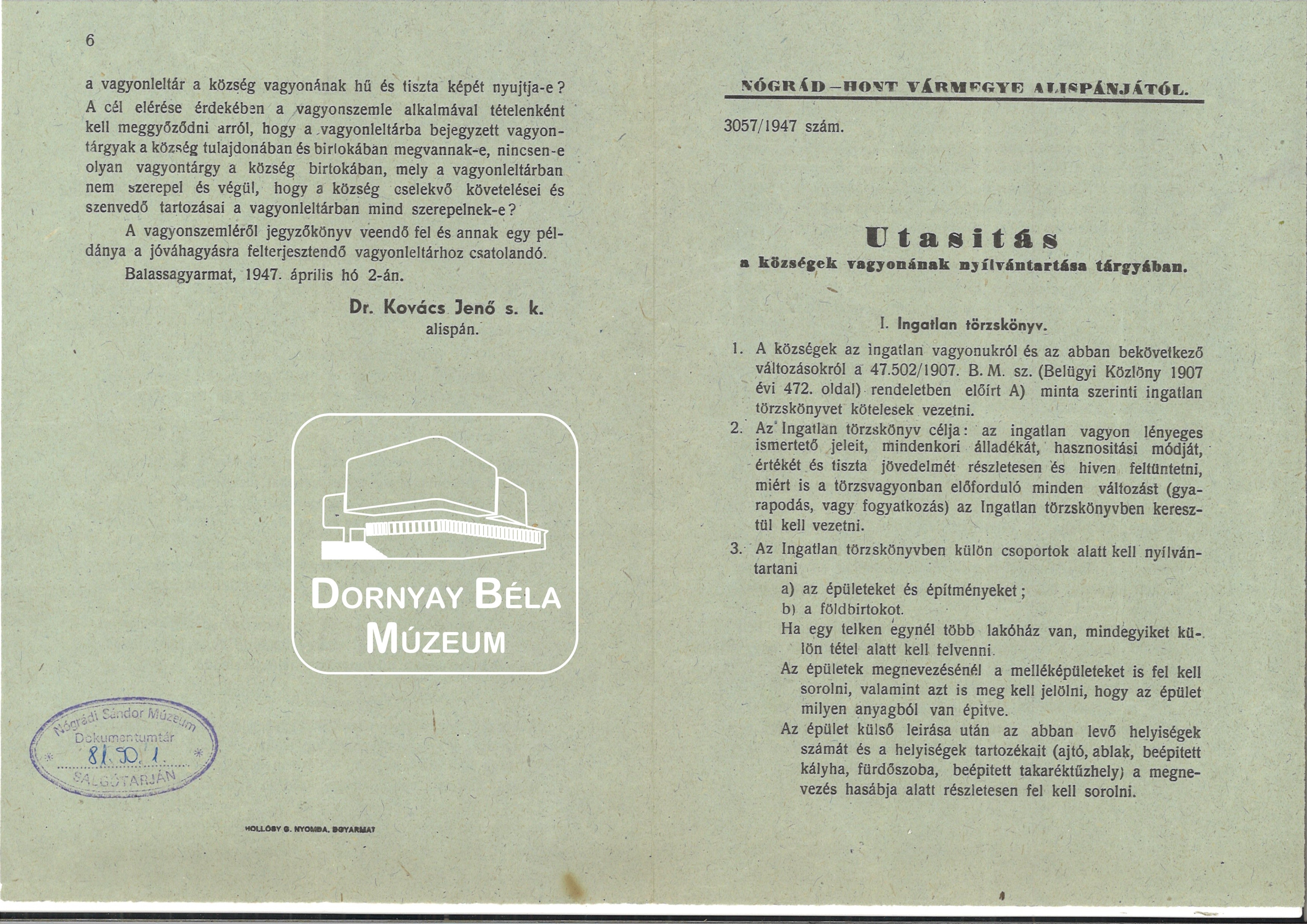 Utasítás a községek vagyonának nyilvántartása tárgyában (Dornyay Béla Múzeum, Salgótarján CC BY-NC-SA)