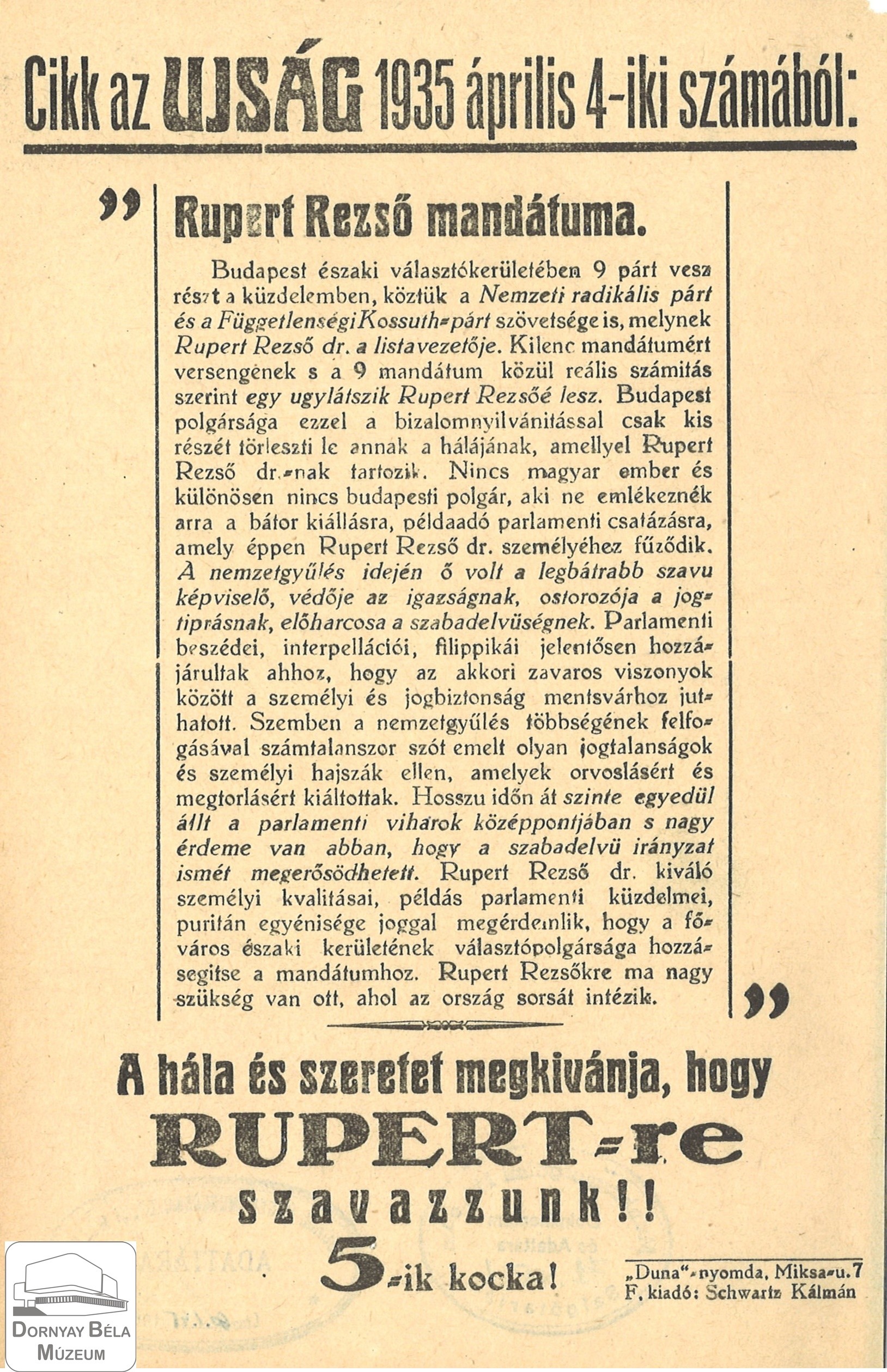 Választási röpirat, cikk az Ujság 1935. ápr. 4-i számából (Dornyay Béla Múzeum, Salgótarján CC BY-NC-SA)