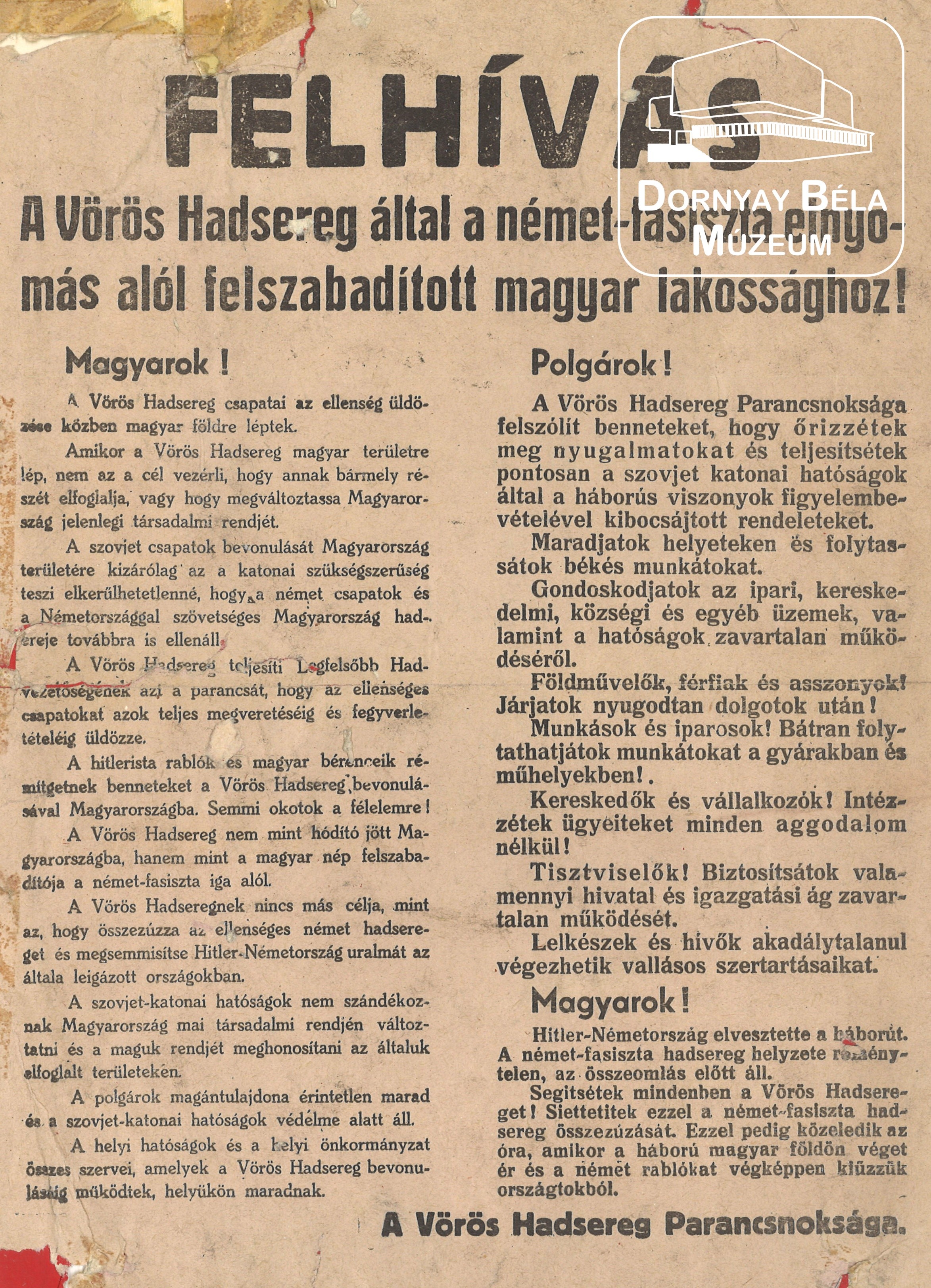 Vörös Hadsereg parancsnokságának felhívása felszabadított magyar lakossághoz. (Dornyay Béla Múzeum, Salgótarján CC BY-NC-SA)