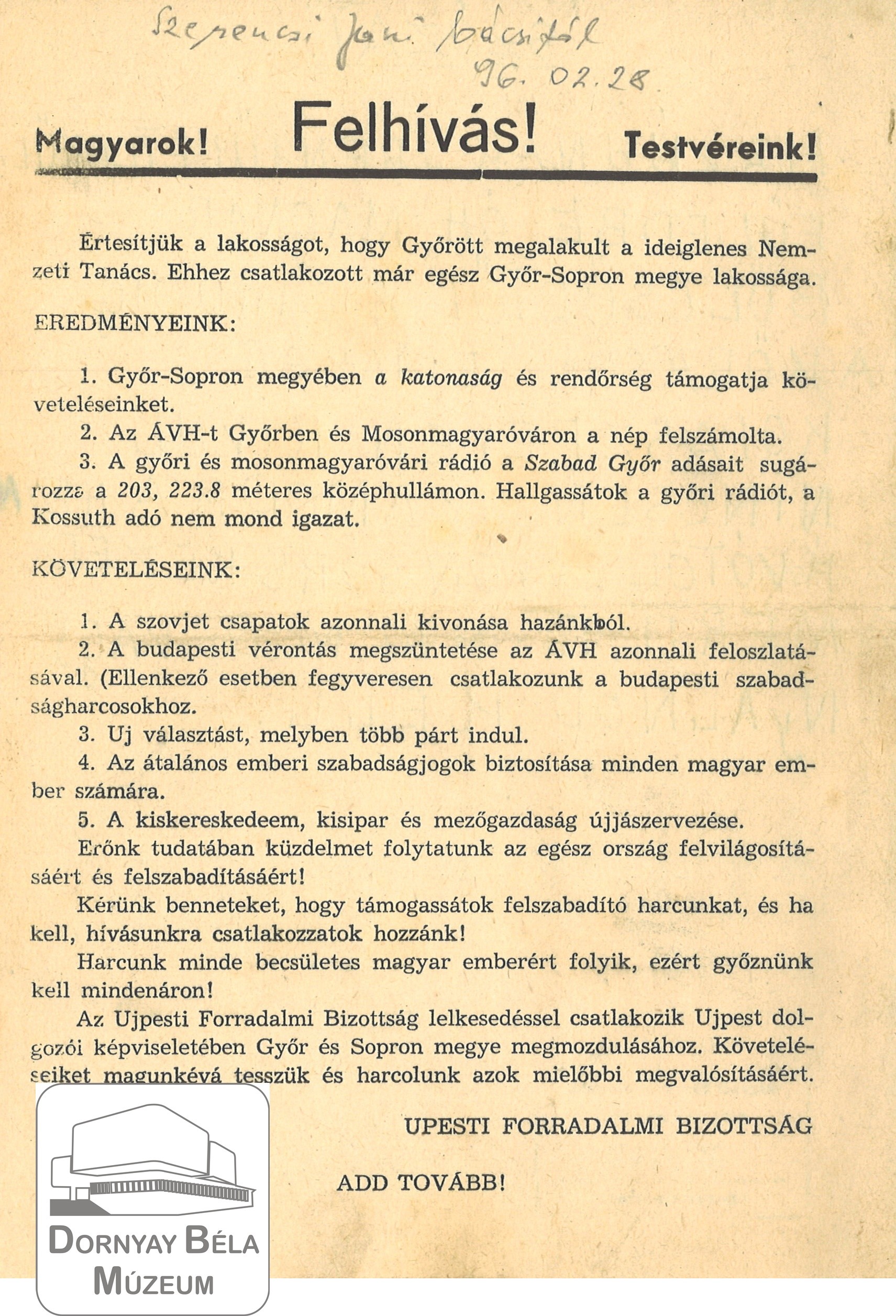 Újpesti Forradalmi Bizottság felhívása (Dornyay Béla Múzeum, Salgótarján CC BY-NC-SA)